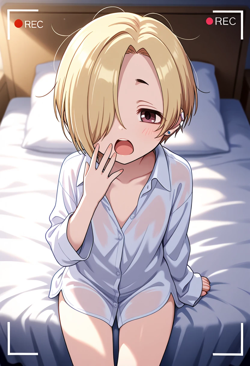NSFW，POV，looking at viewer， norngreyrat, norn greyrat, bangs, blonde hair, green eyes, ahoge,flat chest， naked，masturbation，(embrassing,blush:1.8),(vapor:0.8),(Wet:0.8),(Sweat:1.0)， bedroom，on the bed，open  mouth
