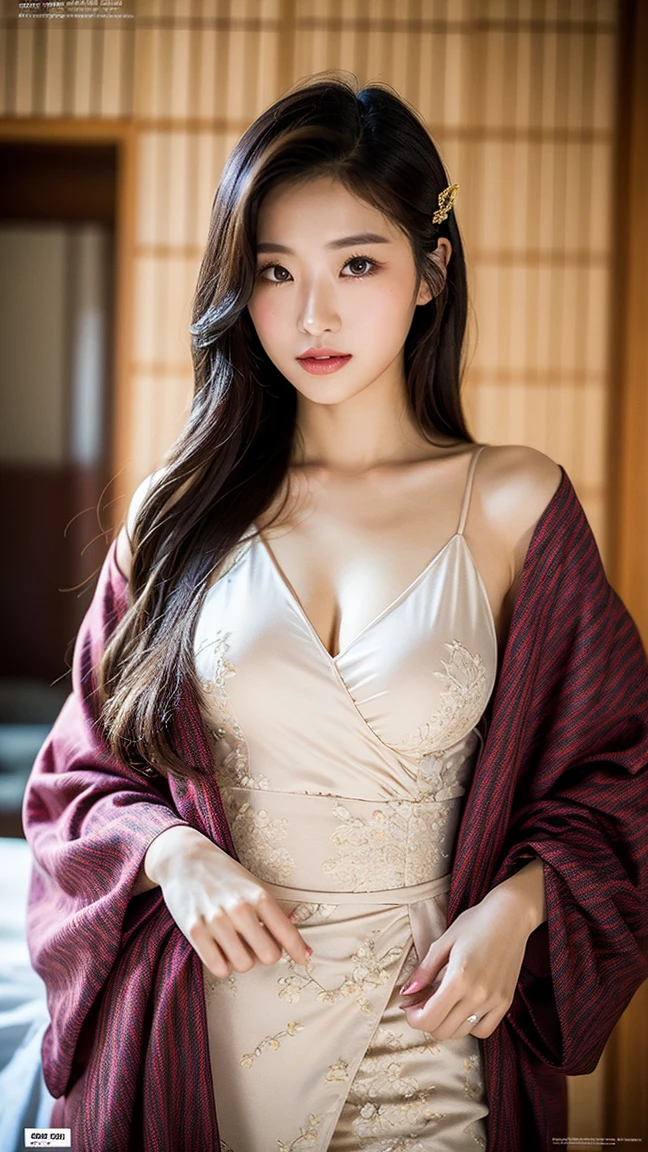 Top image quality。inside room。inside a house。Generate an image with stylish composition of a young woman standing embarrassedly in a Japanese-style room landscape。She wore a yukata with a brown Japan pattern..、The whole body is depicted in a photograph。a large breast。white lace bra。She turns to the front and stares at the camera。Her hair is wet or。While making you feel a sense of unity with the surrounding Japanese atmosphere、Her bewitching fills the screen。It is an image that expresses the gentleness and gentleness of a woman full of youth.。It will make the viewer a soothing work。Meet the requirements for the highest image quality。