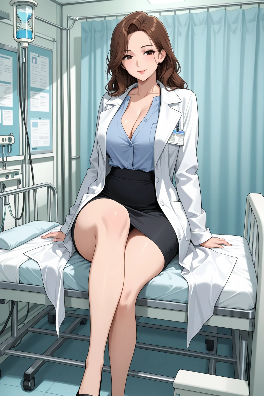 A woman is sitting on a bed wearing a mask, Thigh close-up, Yoshitomo Nara, Smooth white tight clothing suit, Japanese Model, Wearing a white coat and blouse, beast, (doctor), Korean Girls, Lower body close-up, Beautiful face with arms and legs, doctor, Touch her clothes