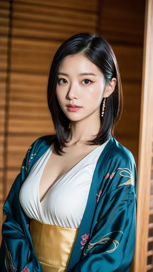 (best quality, masterpiece, perfect face, detailed simmetric eyes), Dark Blue hair, 20 years old european girl, smile flirting with POV, in traditional japanese gold&black kimono, (sexy pose :1.2) ultra detailed kimono textures, high contrast, (natural skin texture, hyperrealism, soft light, sharp), night, kyoto, running:1.3), dark theme, soothing tones, muted colors, high contrast, (natural skin texture, hyperrealism, soft light, sharp), HDR, dramatic lights, (sexy :1.5), (charming :1.2) ,(random view :1.2) high contrast, photorealistic digital art trending on Artstation 8k HD high definition detailed realistic, detailed, skin texture, hyperdetailed, realistic skin texture, armor, best quality, ultra high resolution, (big breasts: 1.4)