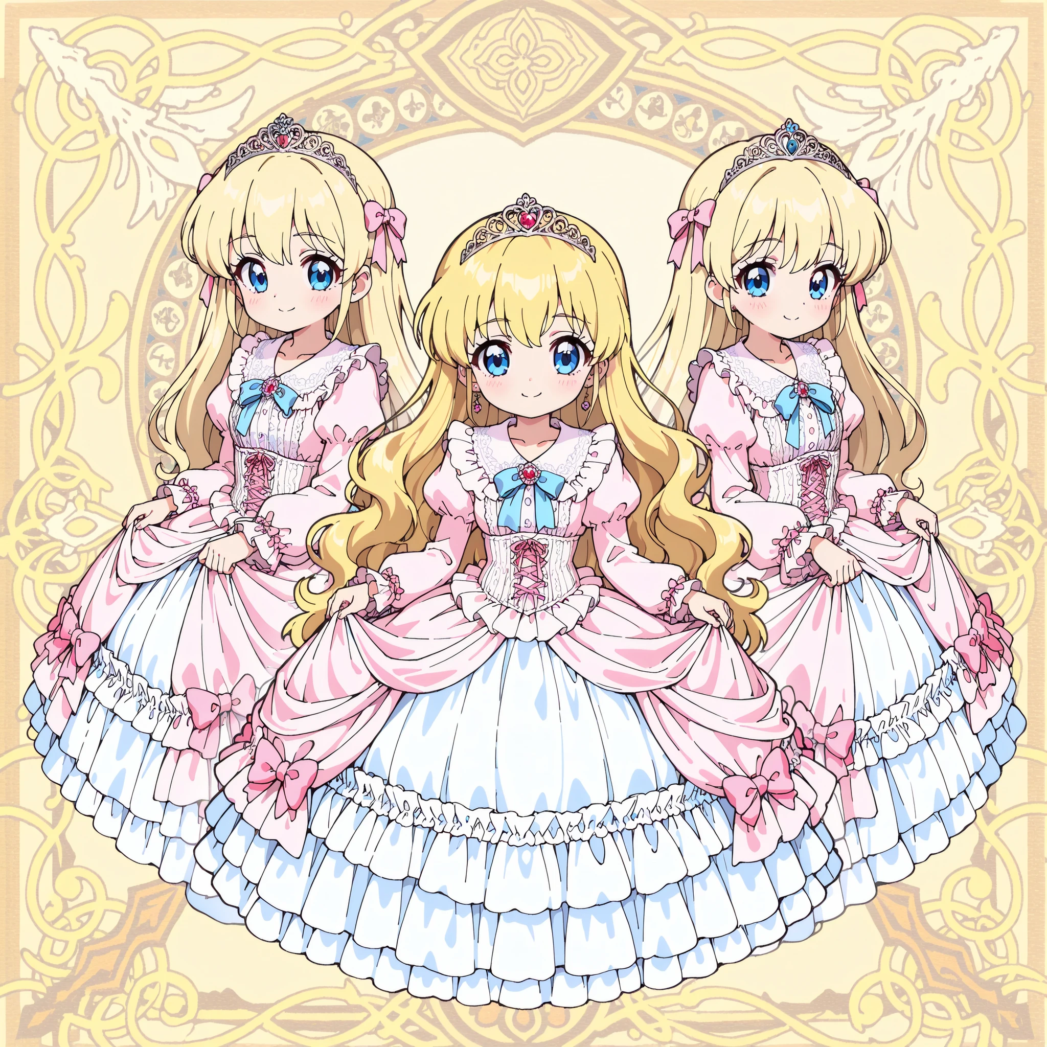 ((Lora:girls book story sdxl:1.1,retro anime,hi vision)),Lot of Cute Princesses,little girls,((wide view:1.5)),she is smiling,((pastel colors Silk Satin Victorian big Ball Gown Dress.:1.0)),detailsed cute face,long sleeves,The dress is decorated with lots of frills and ribbons., frilled yoke collar,detailed corset with ribbons,blond wave Long hair that reaches down to the waist,They are wearing princess tiara on the head,in the luxurious European rococo style palace,