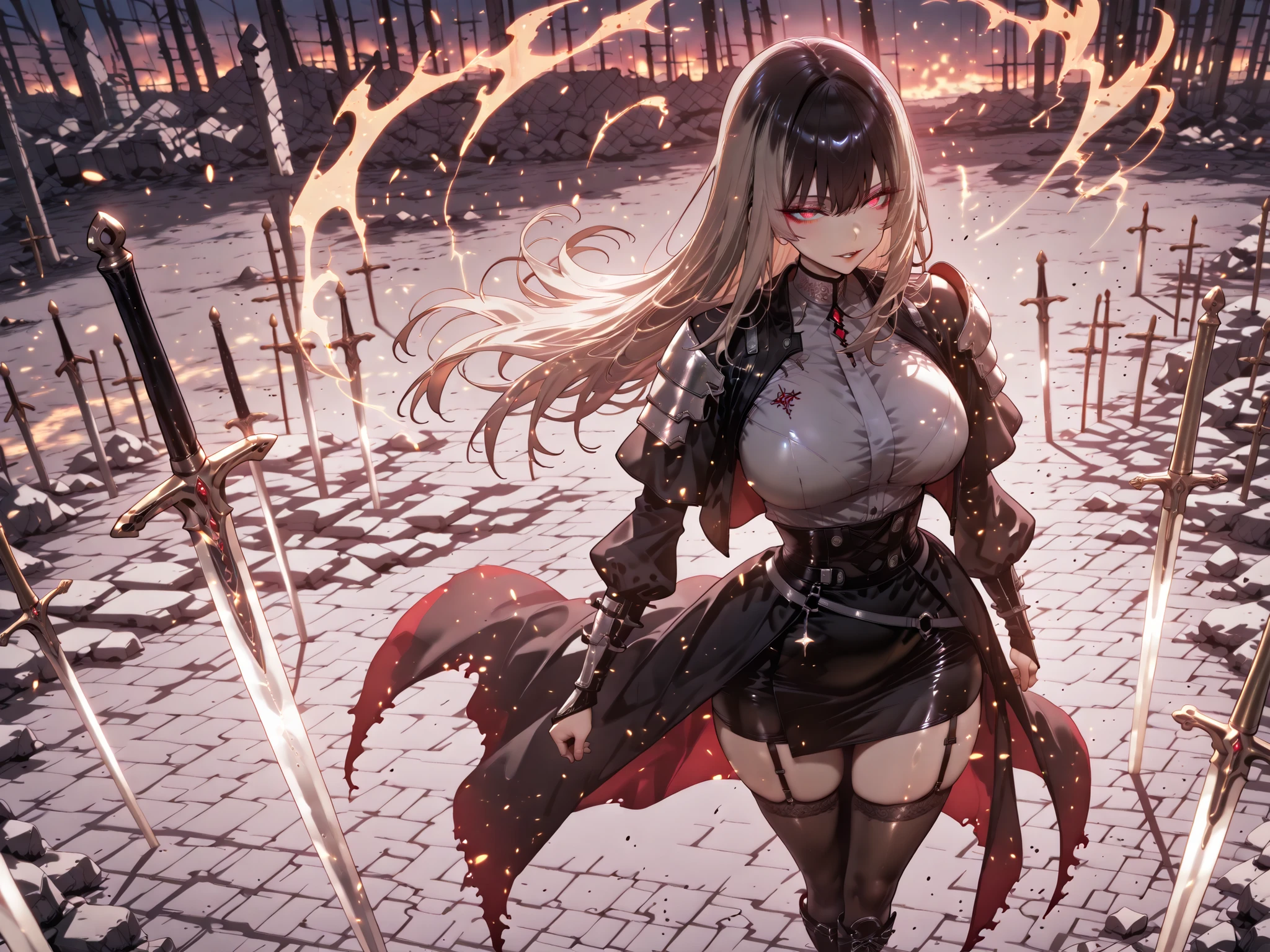 taken from above、Ball of Light、雷magic、caveの中、Ruins、black suit、black longsuit、 black long jacket、ゴスロリなshirt、Depressed、Tall Woman、A woman in her thirties、 Alassah's woman、Steins;Gate、 black longsuit 、score_9, score_8_up, score_7_up, Source_anime,masterpiece、No expression、no makeup、top quality,Beautifully Detailed Eyes, Exquisite Eyes、A sophisticated eye、highly detailed eyes and faces,unmotivated expression、lethargic face、 long breasts, Black Jacketを羽織る、Black Jacket、shirt, big saggy breasts, shockingly big breasts, big breasts,big boobs、boobs 、Zitoida, makeup、no makeup、long hair、smooth straight hair、tall woman、Tall Woman、plump thighs, parted lips、 shining eyes,(Fire Aura Onkown),dungeon内、Crimson Eyes、long hair、dark haired、黒い髪、long straight hair、dungeon、cave、Ruins、solo、soloプレイヤー、Wide ass、beautiful butt、stick your butt into the focus of your butt、long boots、Shoulder Armor、Fearless Laugh、strong、Is confident、Black Tight Skirt、Black Garter Belt、black tights、long tight skirt、Dynamic、Satu、fight、Satu狂、俺だけレベルupな件、arrogant、 Confidence々The smile 、bewitching smile、Sadist、Satu中、hunting、hunting、intimidating、magic使い、magic、magic、、Pearl of Light、Light Ball、左手にmagicの玉、plasma、plasma球、Glowing sphere、Made with Infinite Sword、black tights、Sword in the Sky、Countless swords