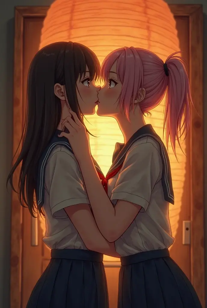 super detailed face, Two girls kissing, Lover&#39;s hot kiss, blush, Two people hugging each other, high school girl, summer clothes, Two people flirting, lesbian