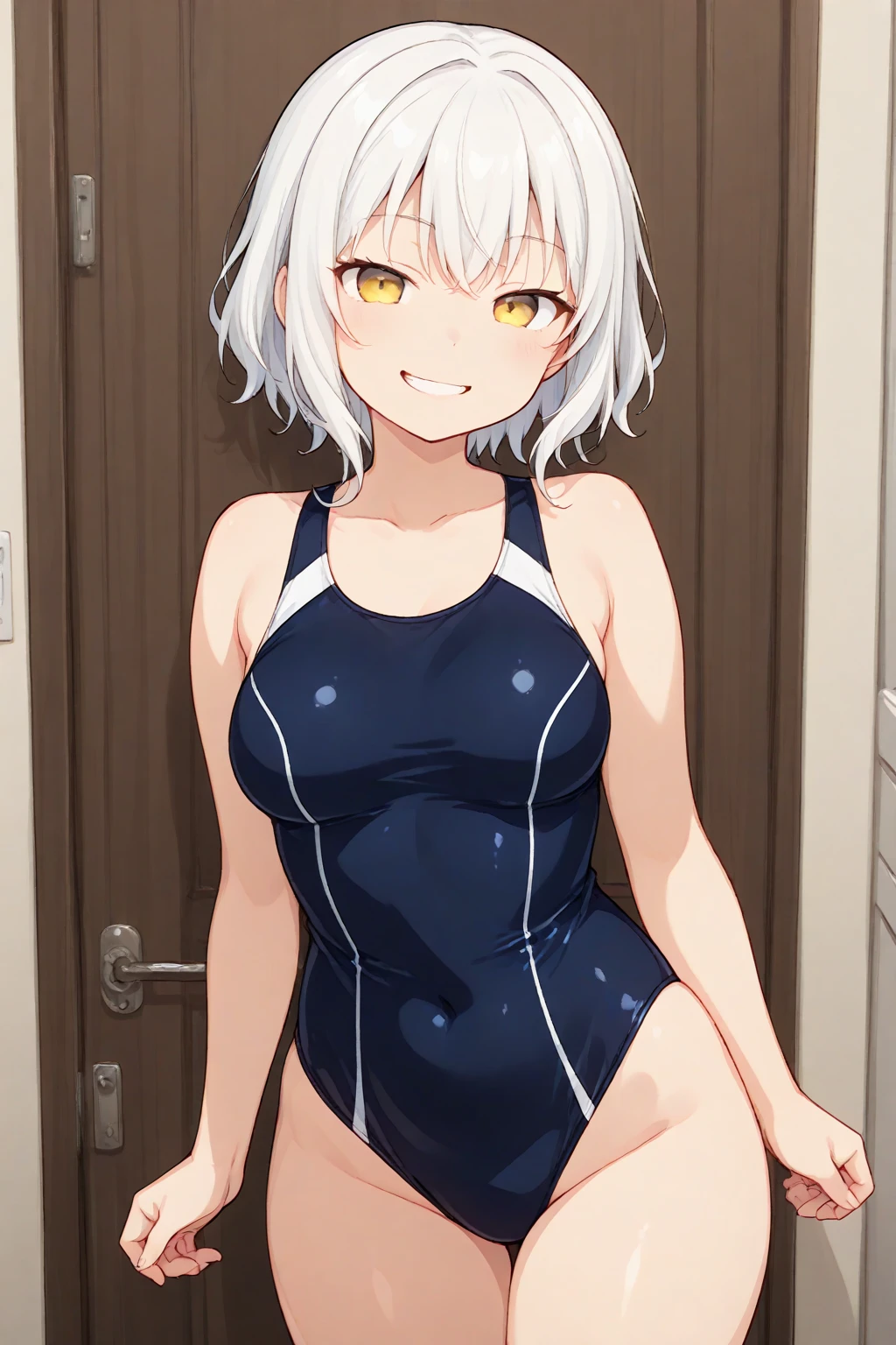 ((nsfw、Table t○p, highest quality, Hi-Res Lucifer,Anime Screen Capture、Pixel Perfect, 8k, Br○wsing Cauti○n、Surrounded by four men、Surrounded by multiple dicks)))、Perfect Anat○my、((Loli))、(((Both armpits、Hands behind head、Swollen nipples、Spreading her legs、Small breasts、Wide Hips)))、(((White competitive swimsuit)))、Sweat, Vap○r,(Red colored eyes)、((Short Hair、Silver Hair、ponytail)),  ((((:○、surprised、Embarrassing、blush))))、(Ind○○r swimming p○○l)