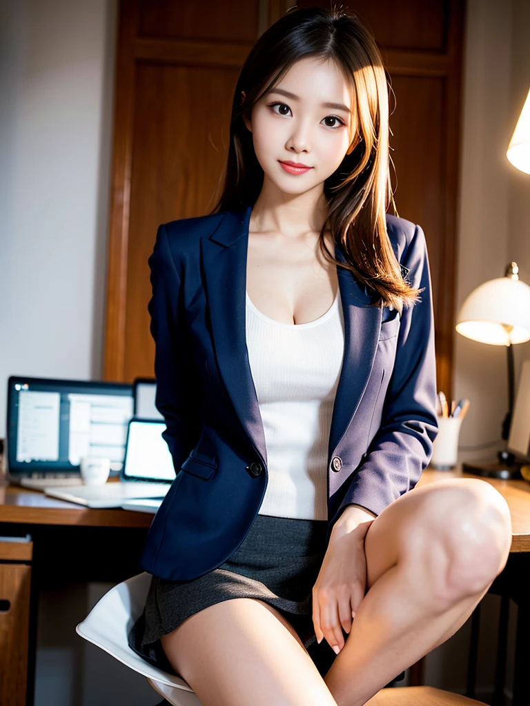 tmasterpiece,Highest image quality,super detailing,(1girll),Enchanted smile,blond hairbl,amazing face and eyes, Makeup, (extremely detailed beautiful face), (The sexiest look), Deep cleavage,Naked of breast,(Best quality:1.4), (Extremely detailed CG unified 8K wallpaper), Highly detailed, RAW photos, Professional photography, ((Business suit)), (Tight skirt), (Open business shirt), Indoor and below, (office room, Dark Night Classroom, illuminations), (Night sky), depth of fields,(NSFW:1.6),Small dimples,magic lighting,is shy,Perfect female body,upscaled。