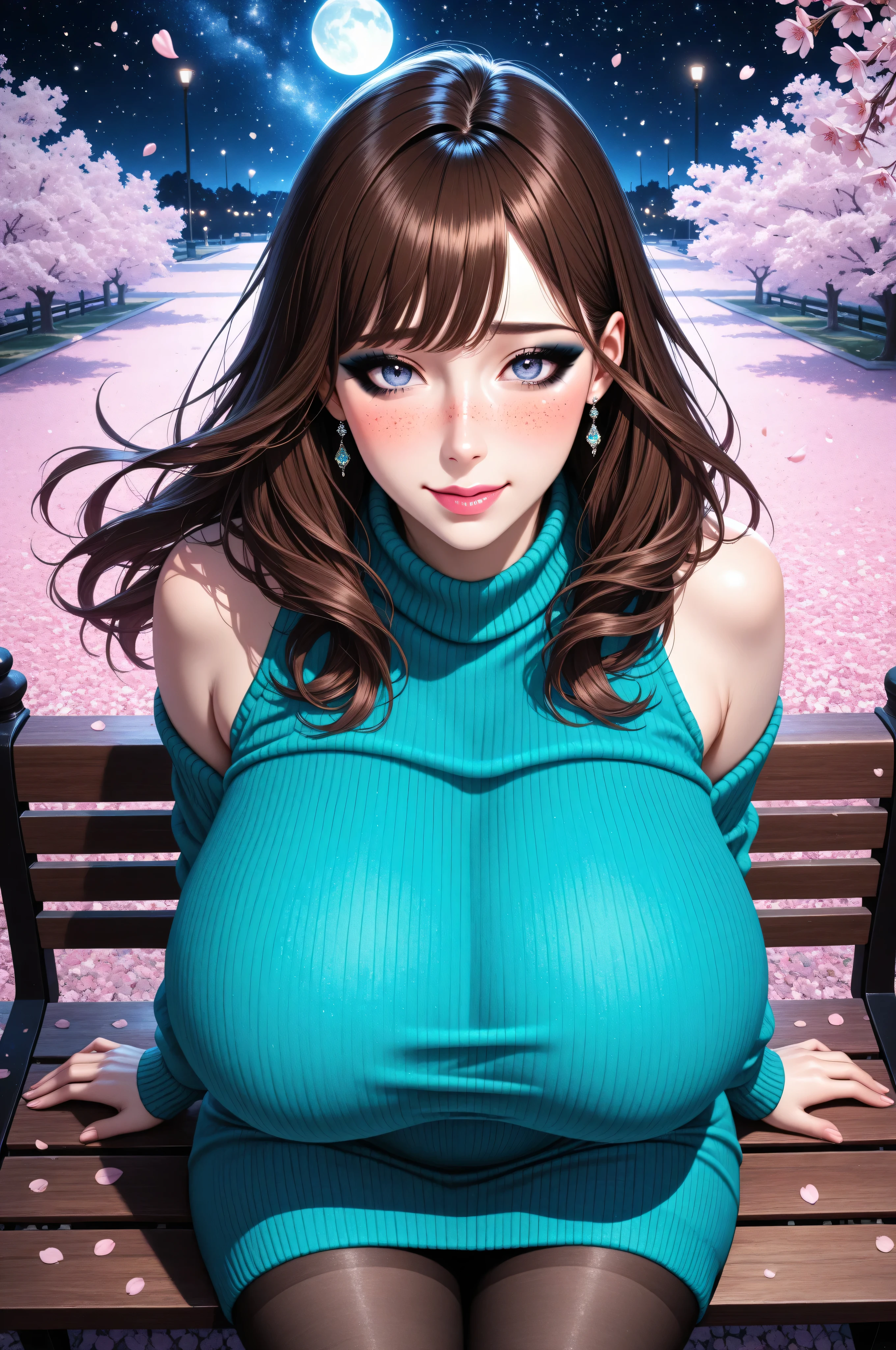 1girl,face_focus,face_close_up,from_above,looking_at_viewer,turning_head,embarrassed,bare_shoulders,gravure_pose,arched_back,(gigantic breasts),gradient blue & white_eyeshadow,black_eyeliner,puffy_lips,pink_lips,blue_grey_eyes,freckles, perfect_face,exquisite_face,milf,long_hair, dark_brown hair,bangs,sagging breasts,happy,flirty,narrow_waist,wide hips,curvy,plump,aqua sweater dress,pantyhose,starry_sky,moonlight,park_bench,in spring,flower_bloom,cherry_blossoms,pink flower,falling large pink petals,volumetric lighting,cinematic lighting, pink petals in the wind, masterpiece,best quality, newest, 