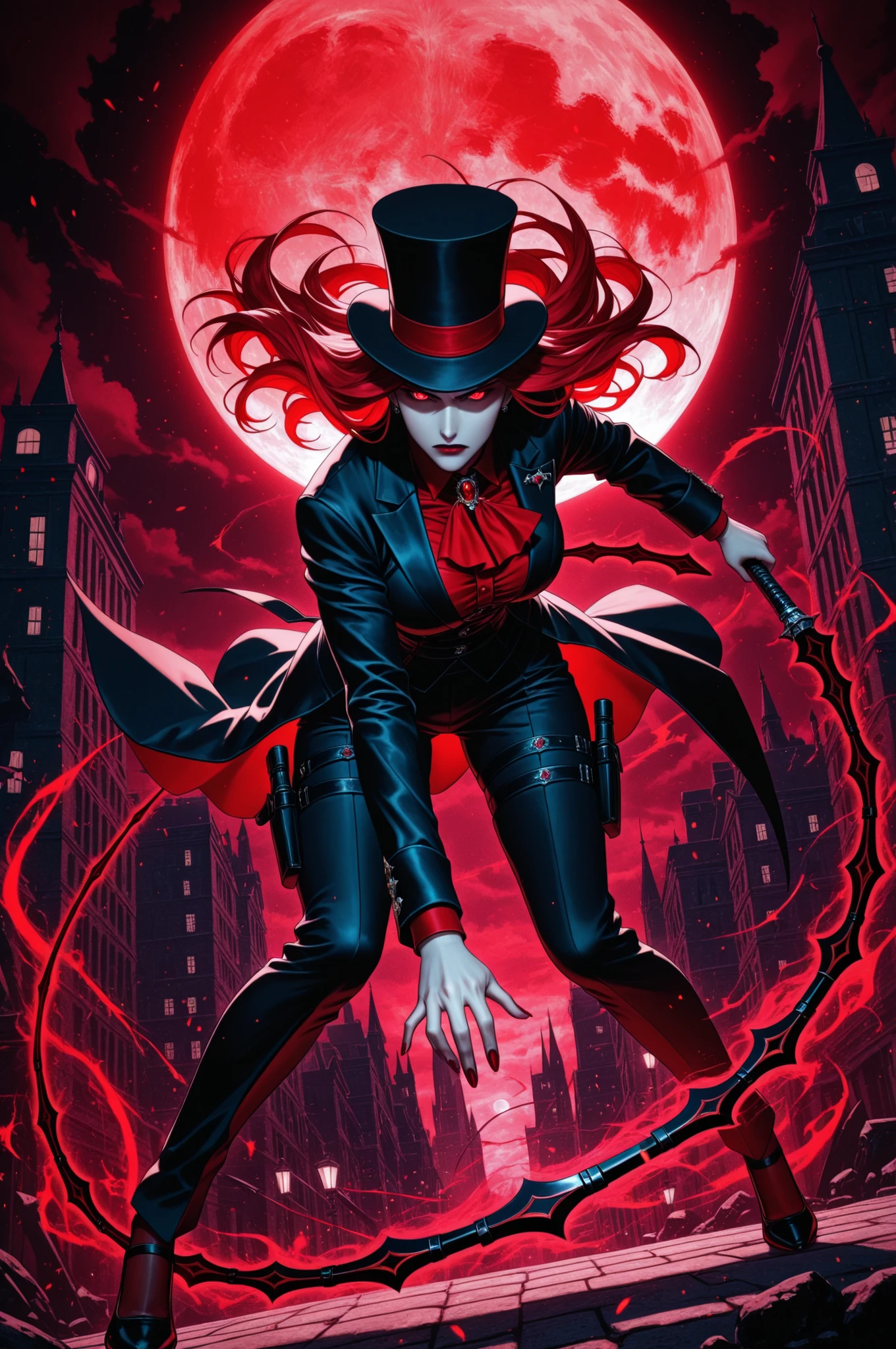 1girl,
adult woman,
floating hair,
vampire,
serious,
top hat,
whip sword,
thigh holster,
fighting stance,
leaning forward,
red aura,
city,night,red moon,
mysterious \(theme\),
masterpiece, best_quality,