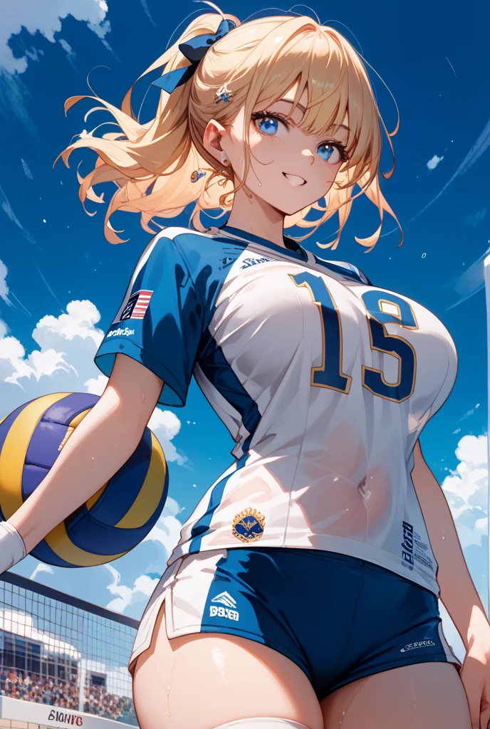 Young woman volleyball player, blonde, gray eyes, big hips and thighs, small breasts.