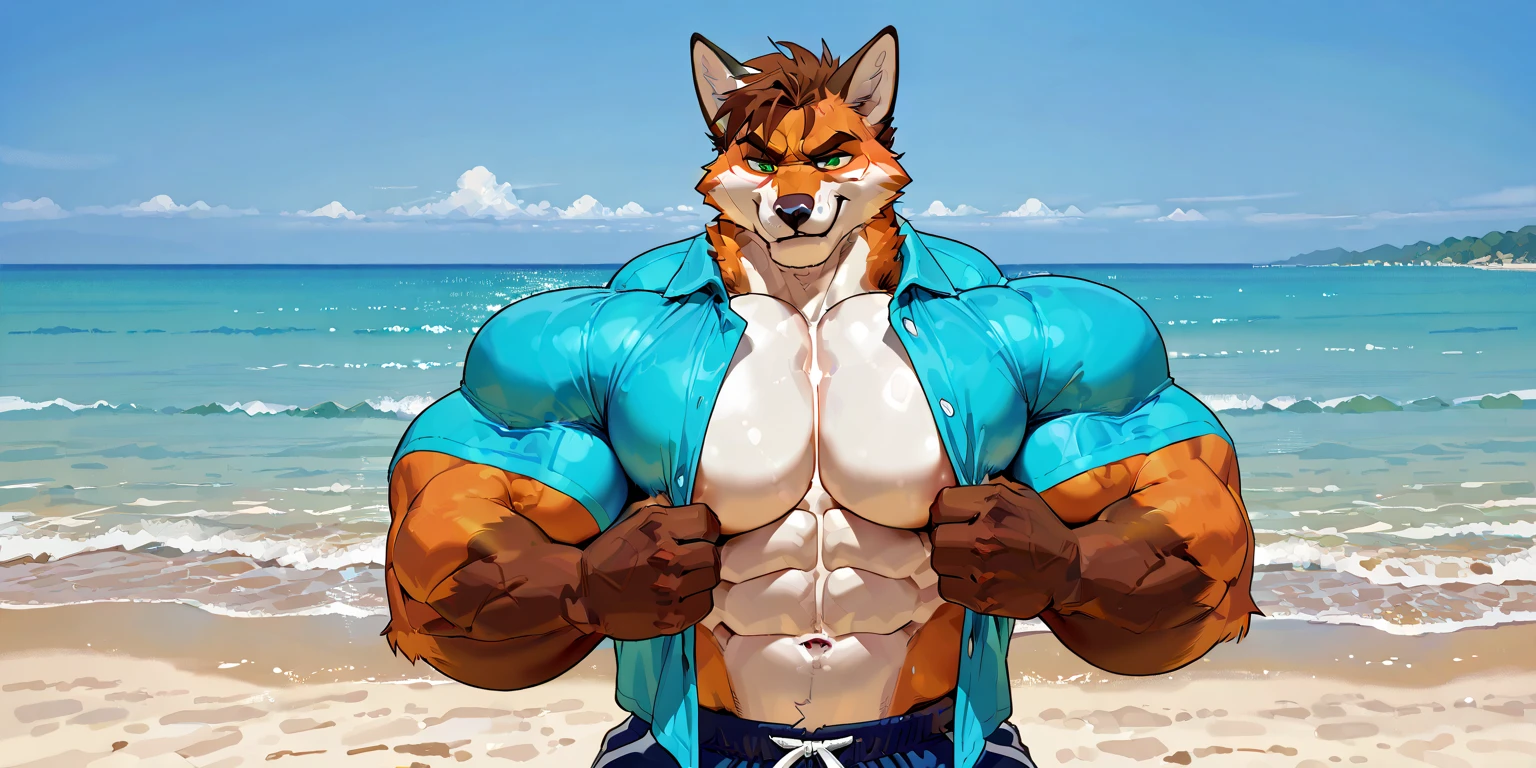 Masterpieces, furry, male, Anthropomorphic, red fox, blue eyes, black mark on muzzle, age 20, Delicate eyes, furred body, on a rétrowave sunset beach sea and Palm tree, perfect lighting, light particles,(best quality),(masterpiece),(ultra detailed), sharp focus, light particles, detailed barren background, wearing tank top, wearing jogger sweatshort, fierce look, soldier look, full body, brown forearms, orange hair, digitigrade, (detailed muscle:2), eight pack abs, (Realistic eye details 1.2)