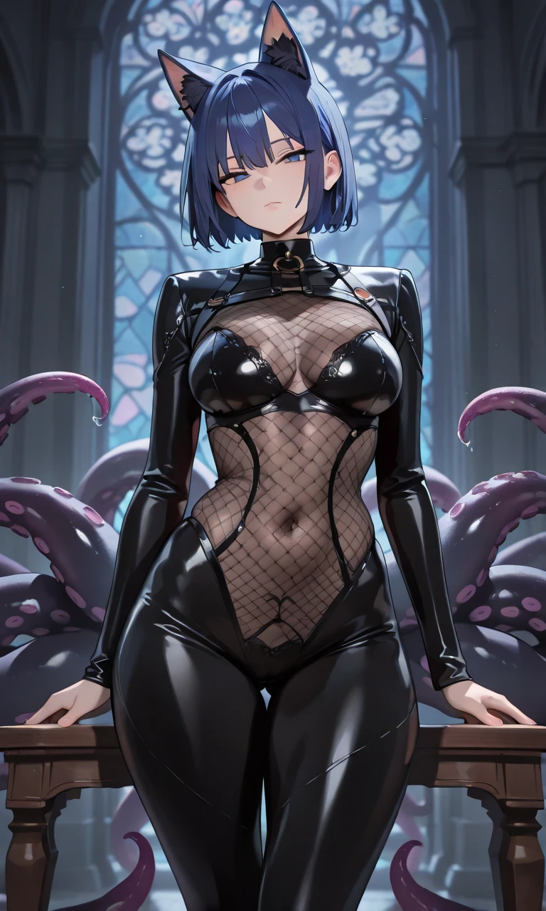 Masterpiece, Beautiful art, professional artist, 8k, art style by sciamano240, Very detailed face, Detailed clothing, detailed fabric, 1 girl, Soul Fullness \(Honkai Impact 3rd\), standing, perfectly drawn body, shy expression, 4k eyes, very detailed eyes, pale skin, beautiful face, short dark blue hair, choker: 1.6, (shiny black tight bodysuit), black gloves, gloves that cover hands, Sensual Lips , evening de invierno, show details in the eyes, looking at the viewer, Dark road, dark forest, evening, Atmosphere, fog