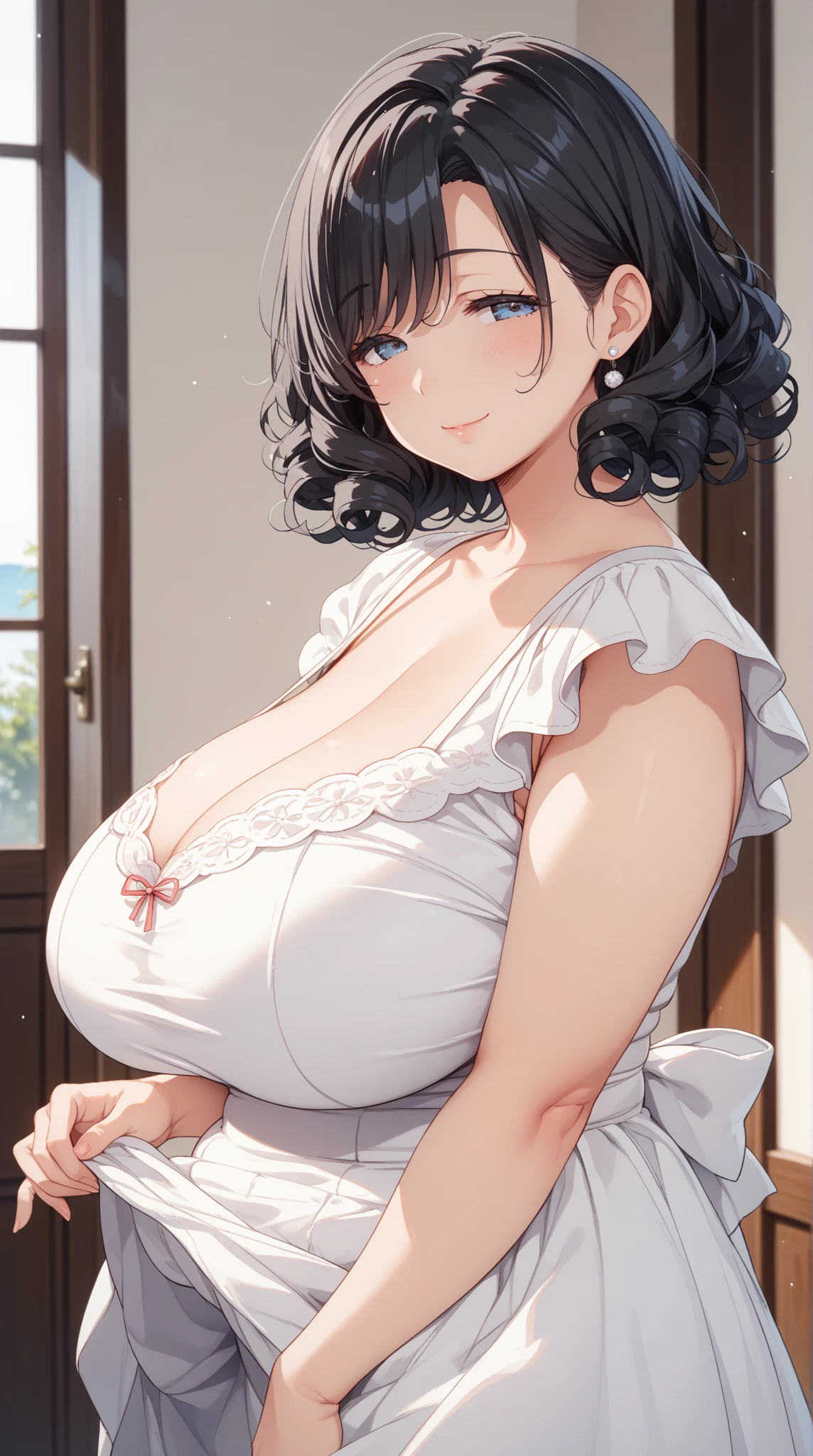 A beautiful and hot almost chubby mature woman.who is wearing a patterned short dress and is and standing in the resort. A smiling face、Sexy woman、A radiant smile、adorable、race、Frills、Colorful design、Full-length mirror、An inviting gaze、Gorgeous long and beautiful hairstyle、variation Hairstyle、Open neck blouse、Flower Garden、Sparkling、elegant princess、Highest quality、detailed、flower、Accessor、necklace、Cowboy Shot、16K、Beautiful eyes、solo, smile, Anatomically correct, High detail、(((凝ったデザインのドレス)))