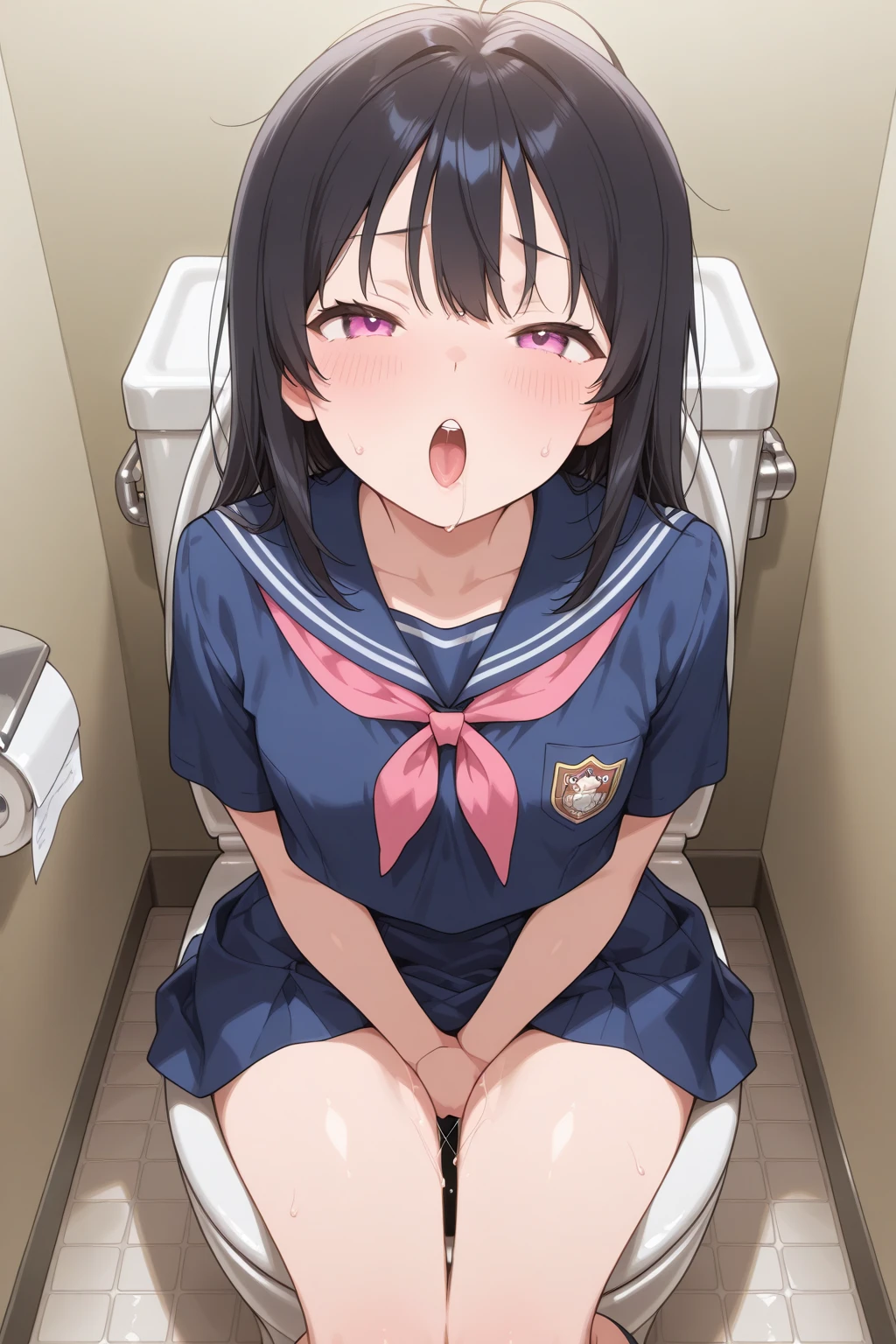 ((Highest quality)), ((masterpiece)), (detailed), Open your legs and show off your、Masturbation、Masturbationをしている女子中学生、Putting a finger in the vagina、Putting her finger in her pussy、(Focus on pussy)、One girl, sexy, ((12-year-old girl)), Japanese,Only slightly chubby figure、 naked、Small breasts、Hanging eyes、Almond-shaped eyes、Firm breasts、Budding breasts、Growing pubic hair、In the middle of puberty、Dripping love juice、Transparent love juice、(Sexual climax)、(orgasm)、(Cramp)、(Squirting)、(Ecstasy face)、(Ahegao)、Sticking out tongue、whole body、Junior high school classroom、Evening Light、evening、Sitting、Spread your legs、Sailor uniform half-unbuttoned、Grey panties hanging from her legs、A shifted grey bra、(12 year old breasts)、(12 year old)、(Black pussy)、(Realistic pussy)、Very huge and large areola、Pigtails、Black Hair、Brown areola、Embarrassed face、blush、