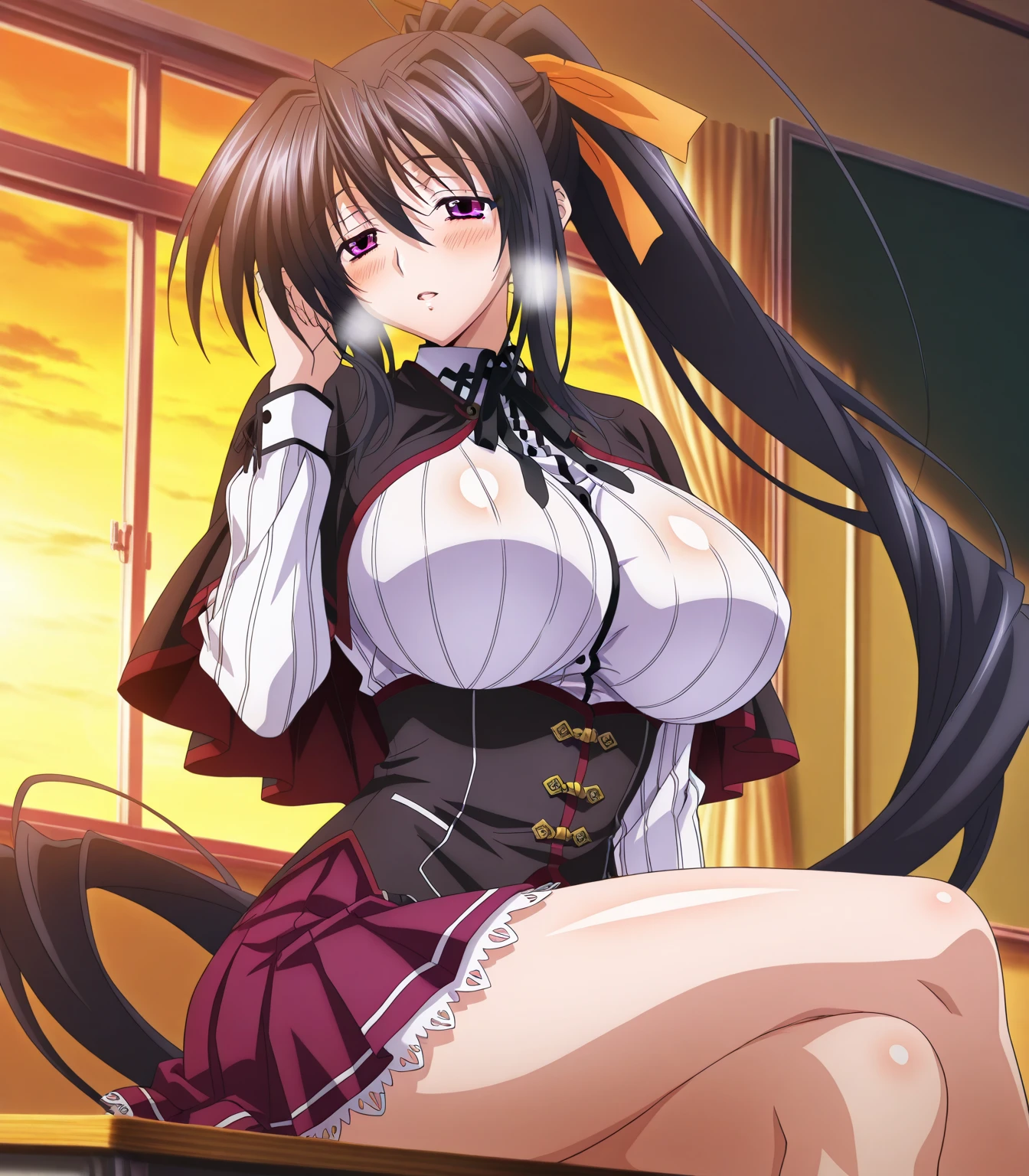 masterpiece, best quality, ultra high res, ultra-detailed, inside a sport car, night, beautiful city landscape, 1 girl, hibiki, slut, (brown hair: 1.3), (brown eyes: 1.3), hairy pubic hair, (gigantic tits and giant cleavage: 1.6), (red topless: 1.5), (red latex miniskirt: 1.3), (black fishnet thights: 1.3), (black high heels: 1.4), (nipples piercings: 1.3), sweating, (hibiki is spreading her legs wide open inside a sport car while pissing lots of piss and while looking at the viewer with a lustful slut ahegao expression and hard moaning in a sensual and suggestive way with open mouth and her tongue out from an orgasm: 1.6)