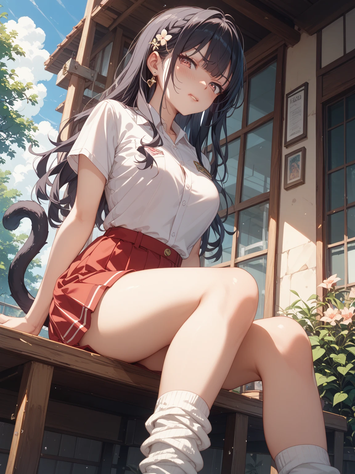 very cute and beautiful girl,(Very detailed美しい顔), (smile),blush,Black Hair,Seraphim,(White Shirt、Pleated navy blue pread your legs、Squat)、Sitting、(From below)、(Lacy white panties), Country road、Distant Tree々and the city, (Highest quality,masterpiece:1.0),Absurd,High resolution,Super detailed,Very detailed,32K,8k resolution, Intricate details,Movie Scenes,Detailed Background,alone,Dynamic Angle,