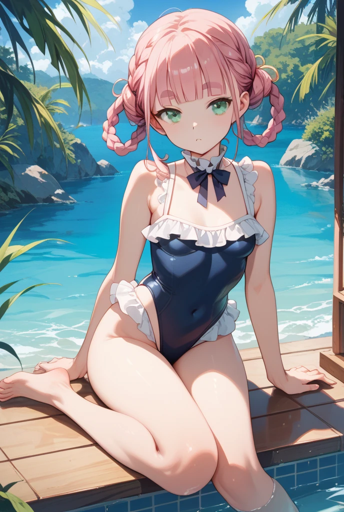 nsfw、BREAK Perfect Anatomy、Highest quality、(cute:1.1)、(cute)、(High resolution:1.2)、Unbelievably absurd:1.3、Incredible illustrations、(cuteイラスト:1.2)、（Beautiful background、Poolside）(1 girl) 、solo)、(10th Generation、JK、Loli face、Small breasts:1.2)、slender、、、、Eye highlights、embarrassed、Pink hair, Long Hair, Cute Hips, Straw hat、Striped swimsuit、Sandals), finger to mouth、(,from behind),cum in pussy、(tooth:0.6)、Cheeky 、Eye highlights、A confident smile、(Rear insertion position, Sex preparation:1.2),Appealing pussy,  (Looking Back、lying on back), Inside the pussy, Vagina、Bend、