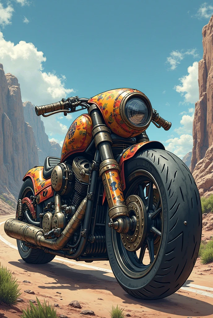 <lora:flatIllustration_flatIllustration:1>,  Fallout game, single beautiful motorcycle, ((an extremely delicate and beautiful)),, d & d, fantasy, intricate, elegant, highly detailed, digital painting, artstation, concept art, matte, sharp focus, illustration, hearthstone, art by artgerm and greg rutkowski and alphonse mucha, 8k