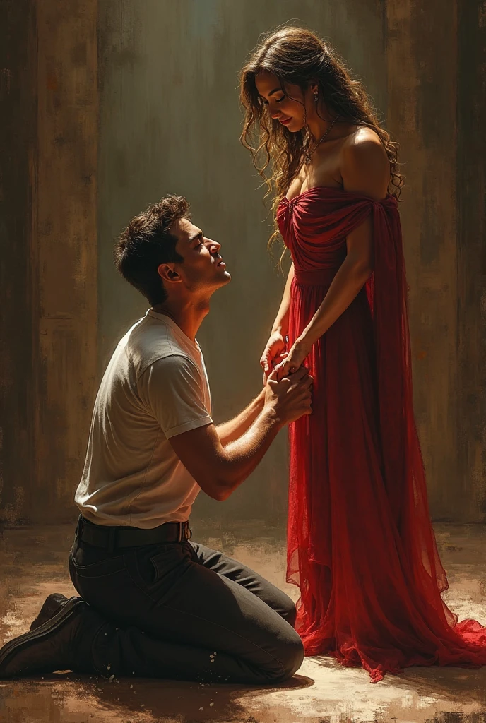 Renaissance horror painting in which a desperate and tormented man is being rejected by a woman. The man, with an expression of deep despair and wide eyes, kneels offering a bouquet of flowers to the woman, his hands shaking as he begs for her love. His skin is pale and marked with dark veins, as if the rejection is literally draining the life from him. The woman, with an ethereal and sinister beauty, stands above him, looking down at him with a cold and impassive expression. She is dressed in a red dress that seems to flow like shadows around her feet, and her brown hair waves as if moved by an invisible wind. The surroundings are dark and oppressive, with dramatic blue lighting. The contrast between the man's desperate plea and the woman's implacable coldness creates an atmosphere of deep psychological terror.