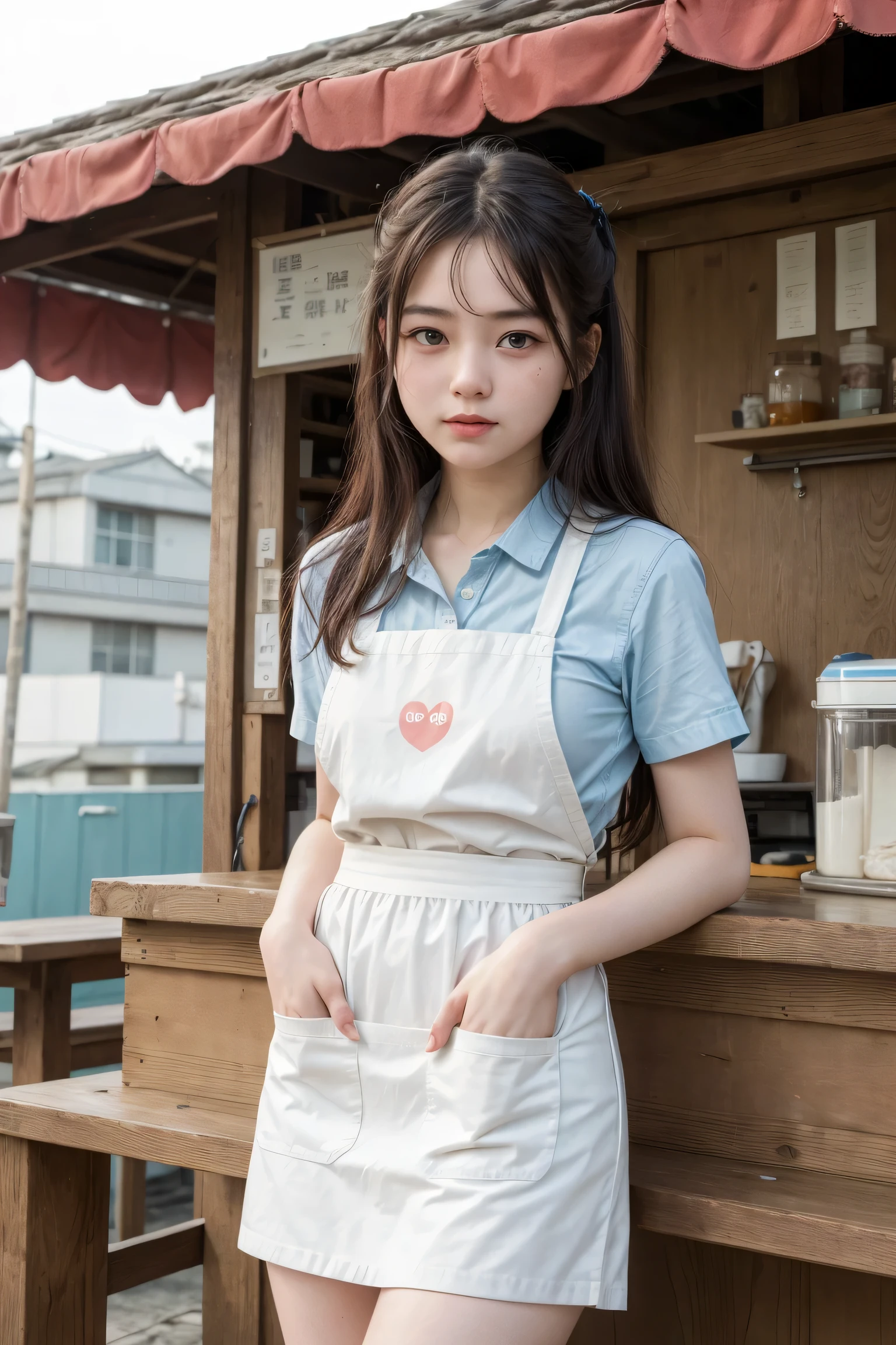 20 years old girl (Japanese cute face) wearing mini skirt and apron at beach house