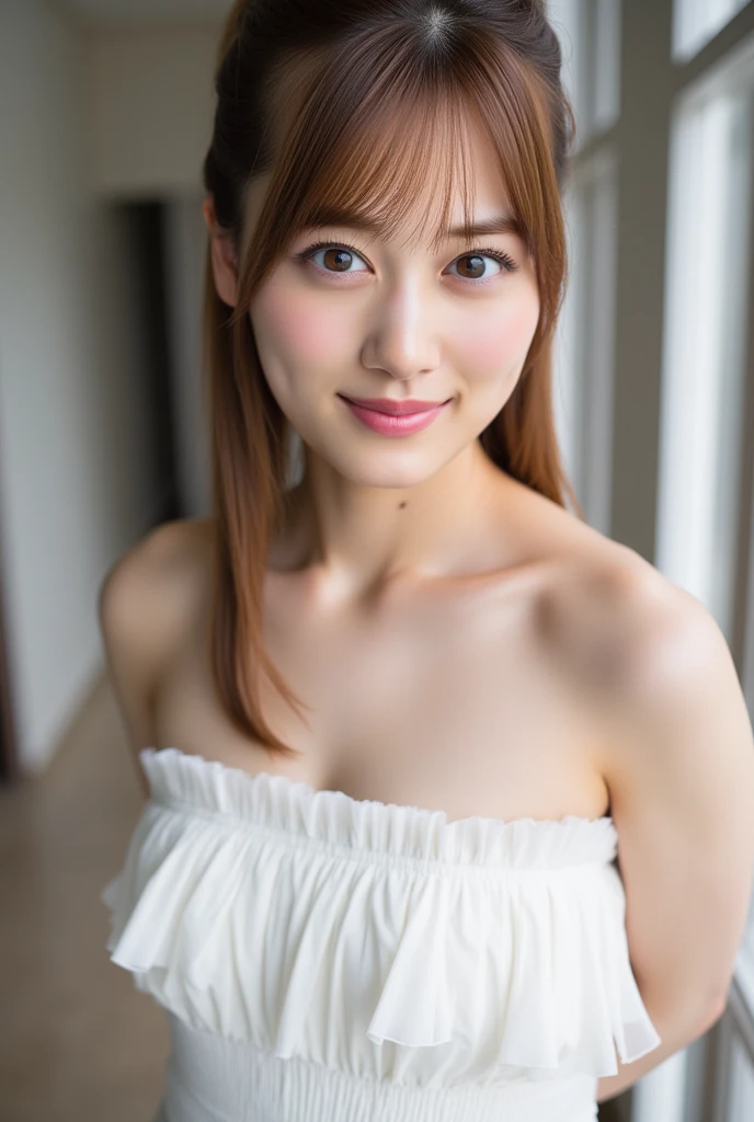Highest quality, 8K, Tabletop, Realistic, Realistic, , (窓からはLate Nightの大都会の夜景、Ample breasts:1.2), Big Breasts, , , Abundant hips, Detailed face, Beautiful Face, , Beautiful woman,((Gray detailed eyes、Translucent skin texture、A shy smile、Fluffy hair、Light Brown Hair、Big city view from the window、Shaggy Cut、Floating Hair、、Cute Japanese Idols:1.4)). (、short hair、Floating Hair、Parted bangs、Bedroom、Sit on the bed、Place your hands on your feet、Late Night、indirect lighting、Sheer white bra and panties、Ample breasts、Looking into the camera:1.2))