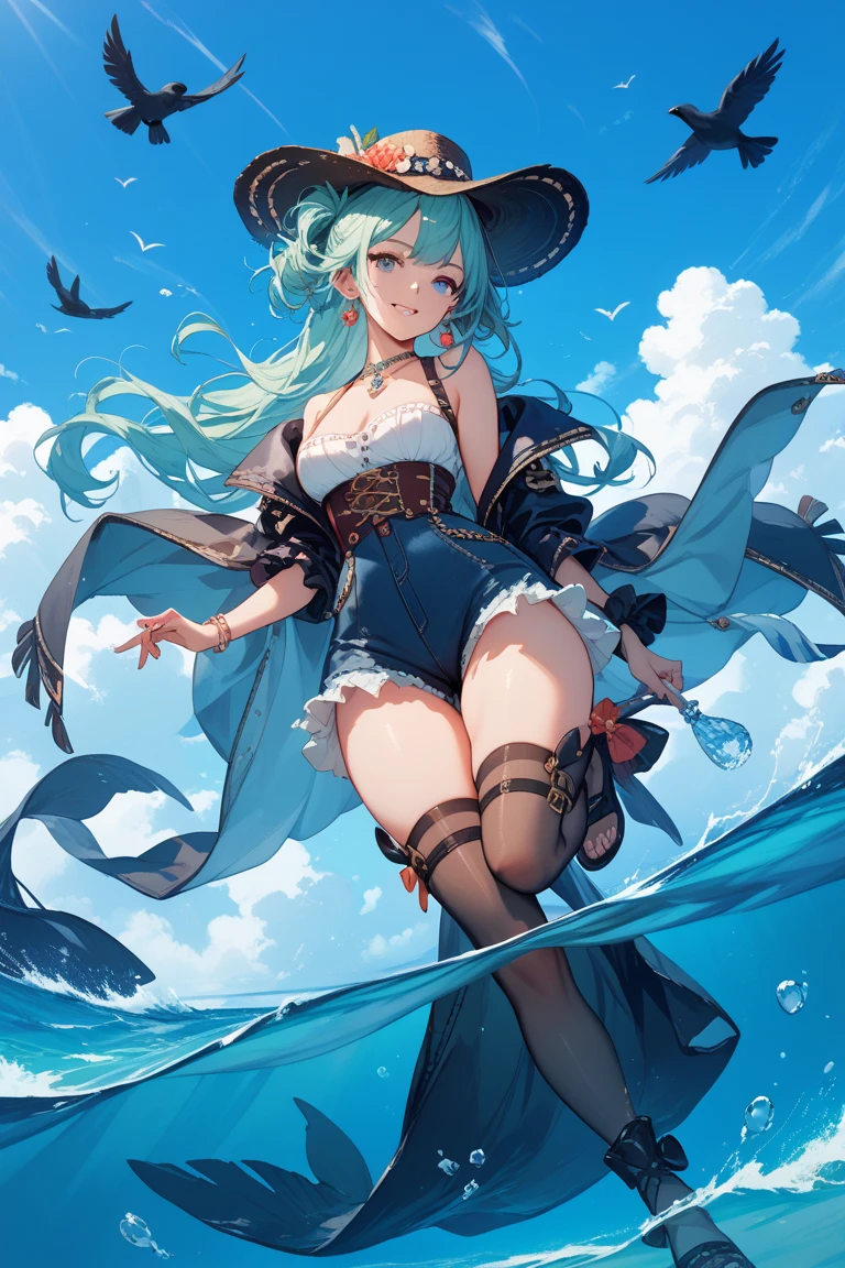 hyper cute shota,light blue witch hat,light blue loose long hair,
tank-top-bikini,