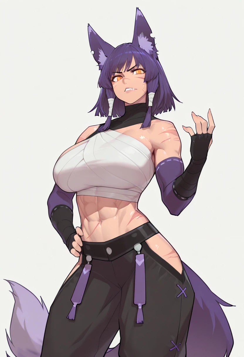 *shade eye liner Beautiful Big ass kitsune busty on leggings, front pose, no sleep, kitsune, fox ears tail, lip peircing, purple eyes, dark brown messy cheer leader outfit*
