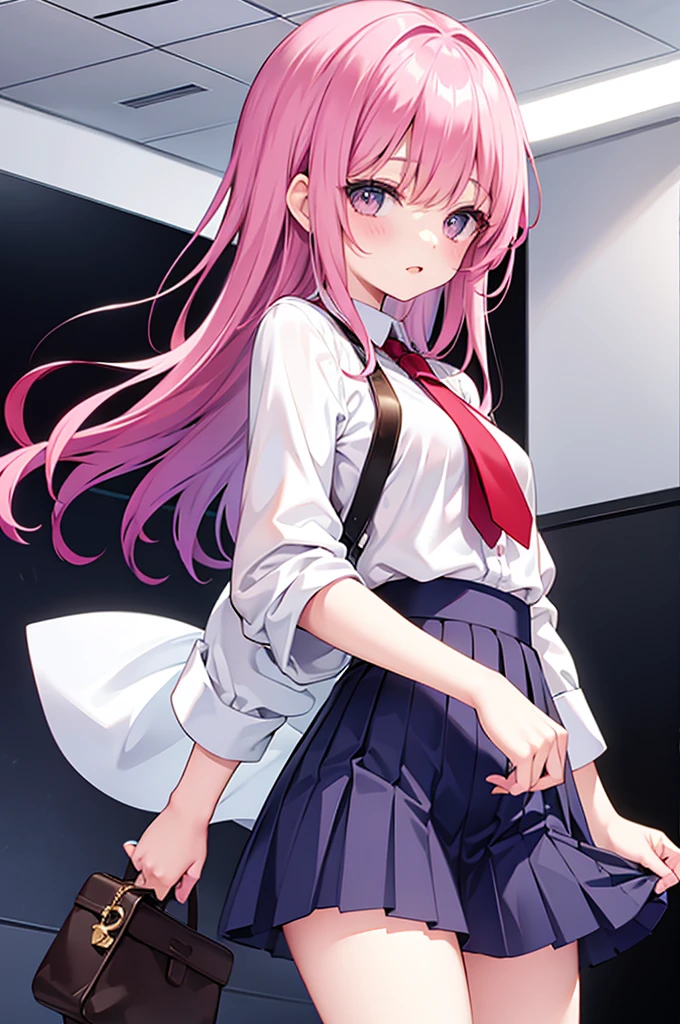 masterpiece,1girl, solo,louise_francoise, zero_no_tsukaima,black_legwear, black_skirt,pink_eyes, pink_hair,collared_shirt,<lora:zero_no_tsukaima:0.7>