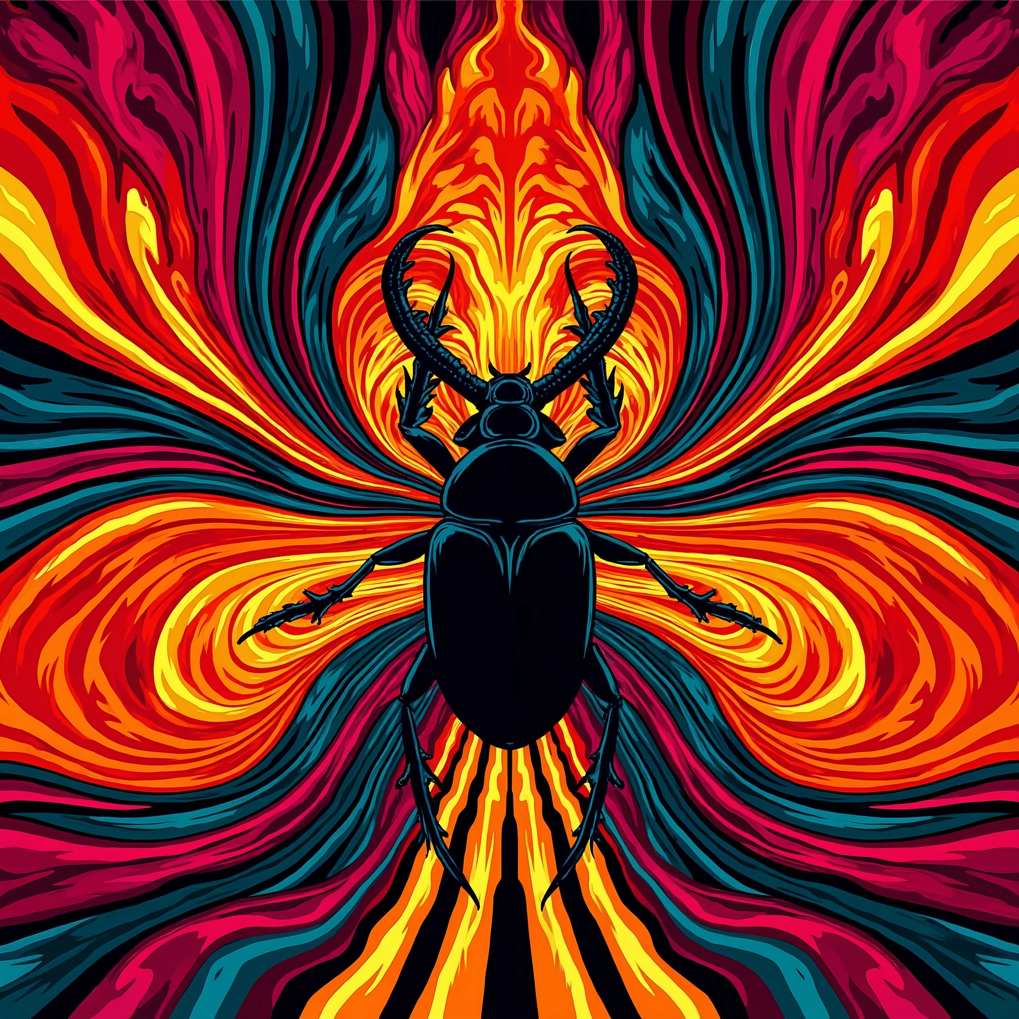 Psychedelic bug art, beetle silhouette in middle, colourful, centre simmetrical