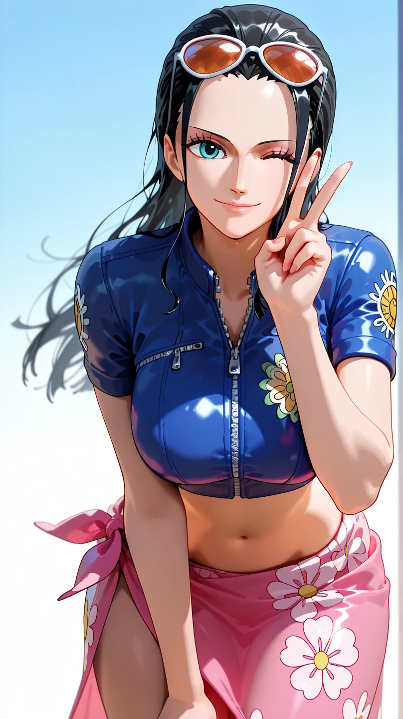 Nico robin de One Piece, Nico Robin with clothes from the Fishman Island saga, blusa curta azul com gola levantada, barriga de fora, saia rosa, pernas aparentes, she has protruding skin, pele suada, decote estravagante, seus seios saltam para fora da camisa, camisa azul com gola alta, camisa com decote, innerboobs, saia curta, pernas a mostra, groin-length skirt, linhas da vagina aparente, corpo esbelto, corpo perfeito, semelhante a um corpo divino, master piece, obra-prima 