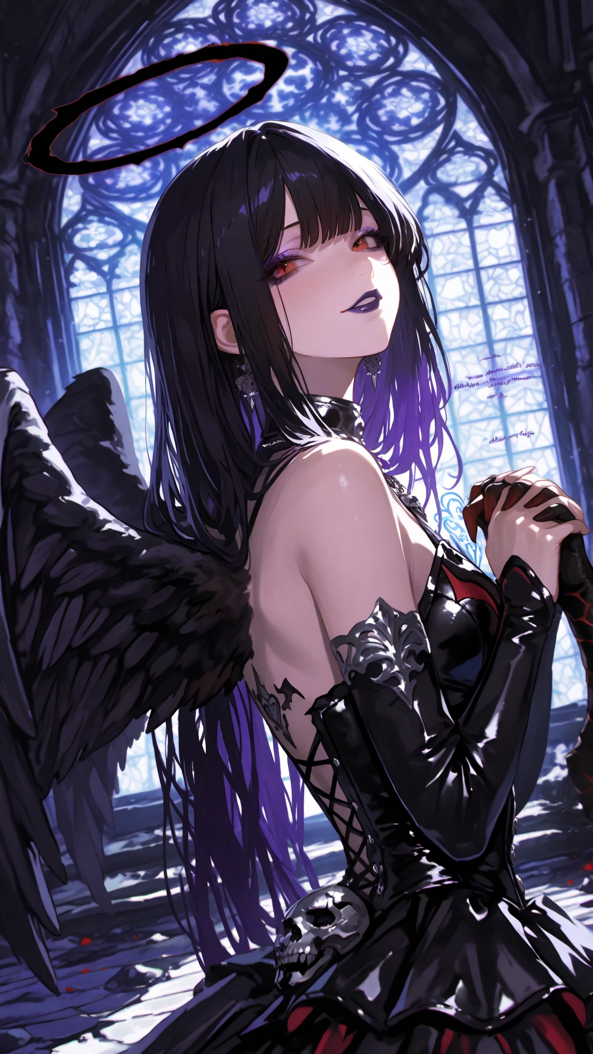 masterpiece, best quality,<lora:OH4XL_ANI31_lokr_V4312:0.95>1girl, long hair, akuma homura, akemi homura, solo, black hair, black gloves, gloves, elbow gloves, wings, from behind, dress, bare shoulders, black dress, black background, looking back, purple eyes, looking at viewer, ribbon, holding, simple background, bare back, hair ribbon, backless outfit, back focus, backless dress, back, red ribbon, soul gem, feathered wings, very long hair, black theme, pink eyes, glowing, black wings, profile, upper body