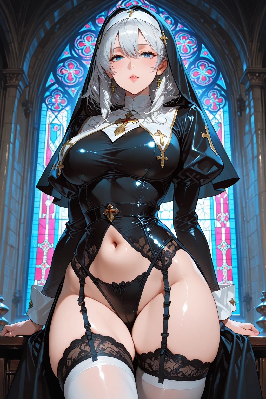 sensual, long blonde hair, thick thighs, 8K, 4K, highest quality, High resolution:1.2), cute anime face, noise reduction, shining blue eyes, gentle smile, wearing a headband, naked, toned abdominal muscles, muscular arms, muscular legs, (((exposed nipples))). , young face, anime chic eyes, In a church, white bodysuit, white rubber suit,nun,white panties, Lock,nun,O-ring,See-through,veil,elbow bag,Mistress,collar,cuffs ,thigh strap,thigh boots,