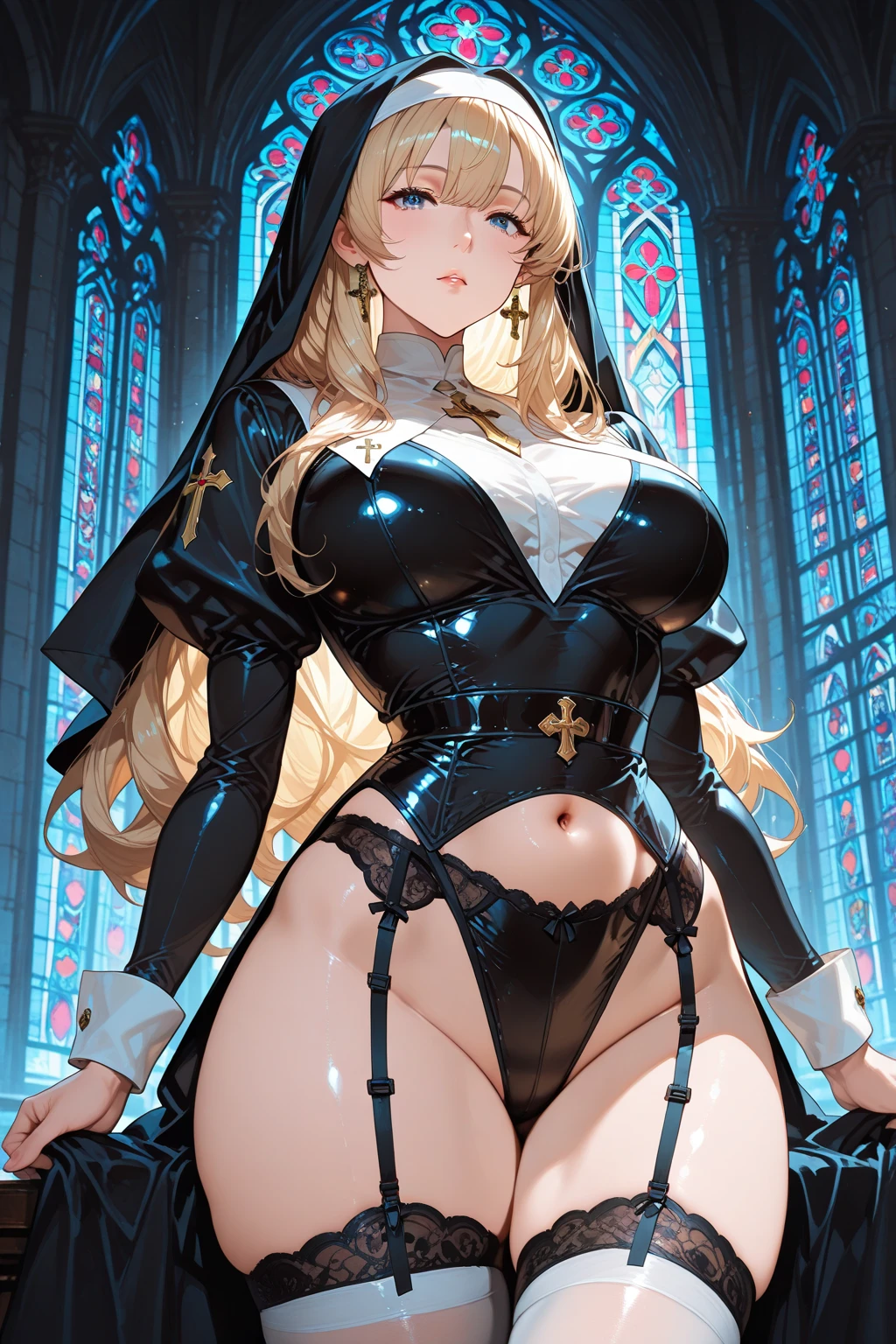 ruanyi020, black bodysuit, BDSM, nun, capelet, garter straps, white dress, elbow gloves,
sword_maiden,swordのOtome,((Highest quality)), ((masterpiece)),(Highly detailed CG Unity 8k wallpaper),(((Vibrant colors))),{best illustration},
Perfect Face,1woman, Five Fingers,gleaming skin, (Perfect hands, Perfect Anatomy),
sword_Otome, Long Hair, Blonde, Blindfold, (black Blindfold:1.2),(Large Breasts:1.2),
(Huge hips:1.3),(Huge breasts, Glamour:1.1), glamorous_expensive_Tight waist_Long legs,
Super Beauty,Glowing Skin,erotic,Bold,露出度のexpensive服装,show 肌,
necklace,jewelry, Sandals,Bridal Gauntlet,Removable sleeves, Outdoor handbags,
(Flying debris, Ultra-high resolution),(((White and gold theme))),Wear an iridescent aura,
Invisible Light, Amazing shine, neon blue glow, The colors of another world,
Bright colors, Ghostly Effects,Surreal Landscape,White underwear,(erection of nipple),Camel Toe,
seductive smile, embarrassed,
squatting, spread legs, open legs, Leaning forward,