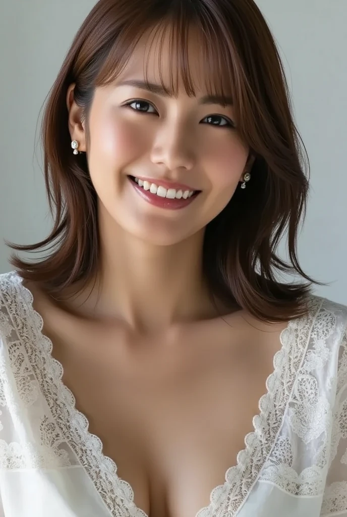 (Raw Photo), (Photorealsitic), (Masterpiece), (Best Quality), High Resolution, 8K, (Intricate Details), (Voluminous Light), Portrait, Female, 35 Years Old, Medium Hair, Straight Hair, middle breasts cleavage, layered hair, brown hair, very fine eyes, source order, very fine eyebrows, very fine skin, very fine mouth, very fine nose, cute like an idol, happy smile, (thick lips), (looking at the viewer), (sexy elegant colorful black blouse), ((full body shot)), ((Emphasize cleavage)),