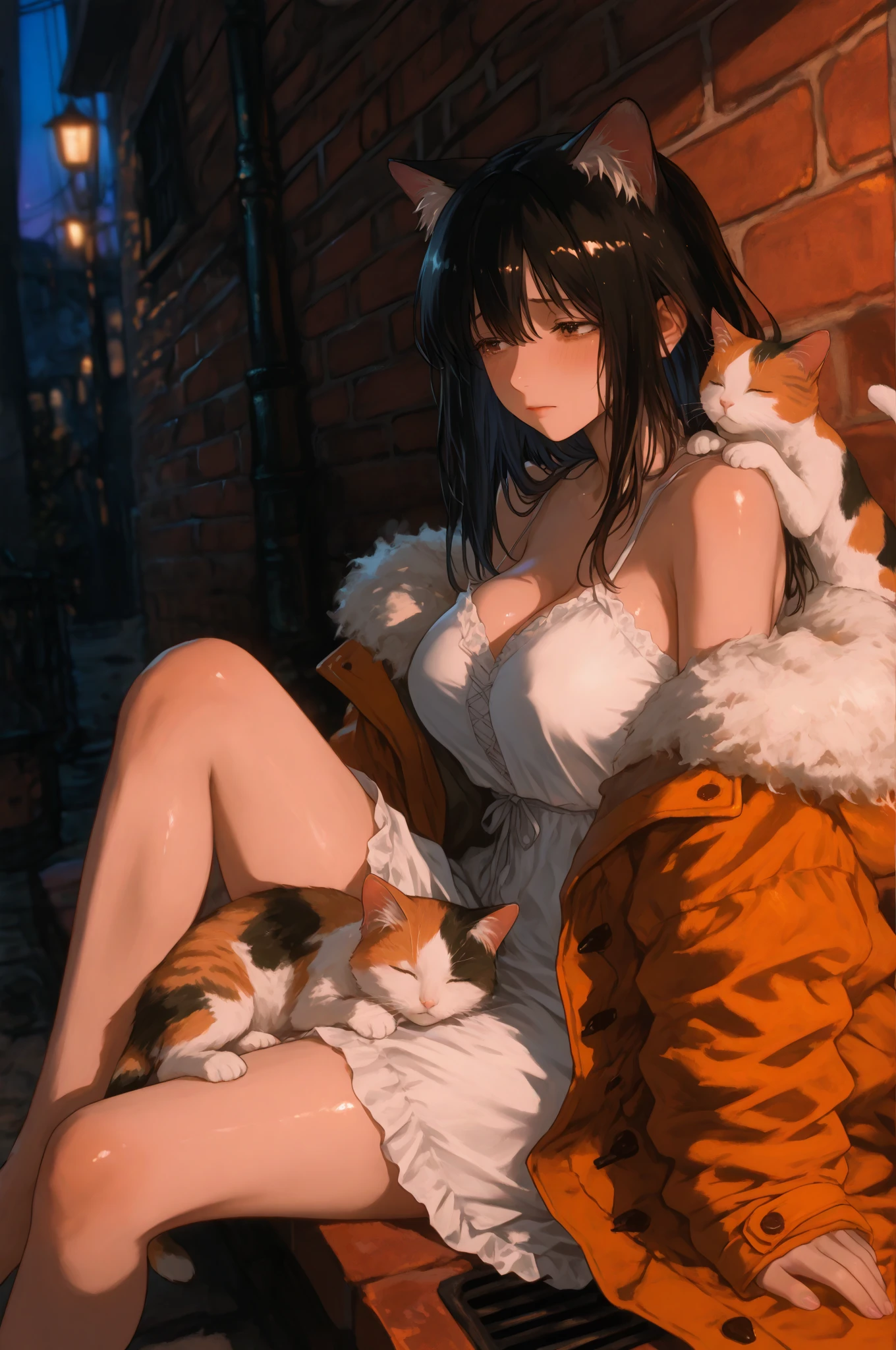 (top-quality、tmasterpiece、high resolution、super high image quality), 1girl, 8K, Rei Himiyama, Amakano, dark purple hair, straight hair, straight hair to the waist, perfect figure, 20 years old, F Cup, big butt, green eye, (clear eye white part), cat girl, bangs between eyes, crouch on the tatami, cat ear, mature long face