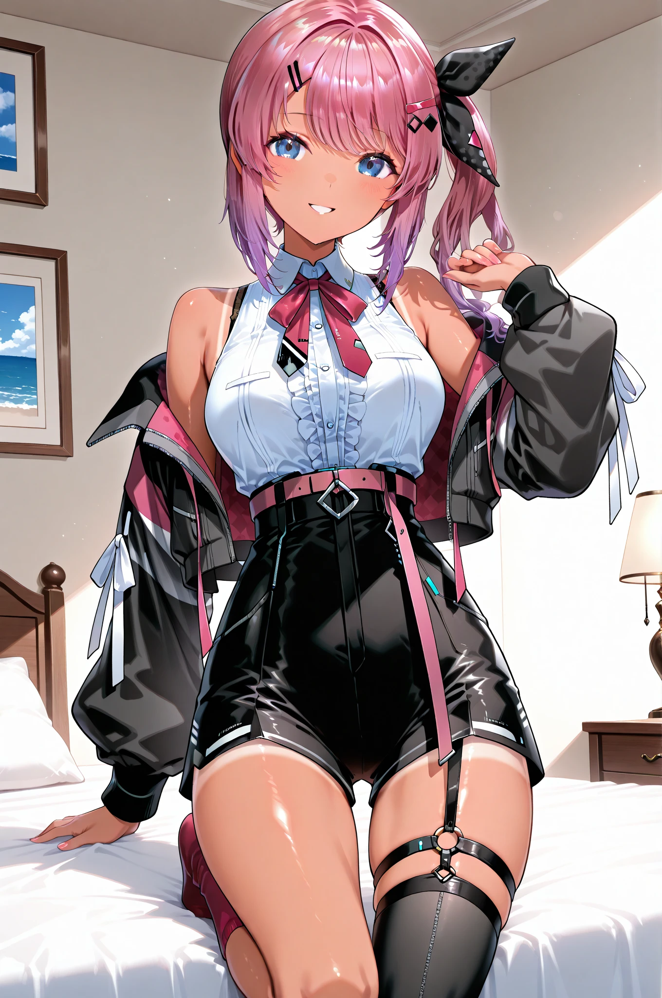 Pink Hair, Pink Eyes、girl、Small breasts、Hair Bun、girl、Small breasts、Lolita、Bright smile、Looks about 15 years old、Petan Musume、He is short、Eye highlights、Sexy thighs、room、Light clothing、Sexy Hot Pants、Breast flash