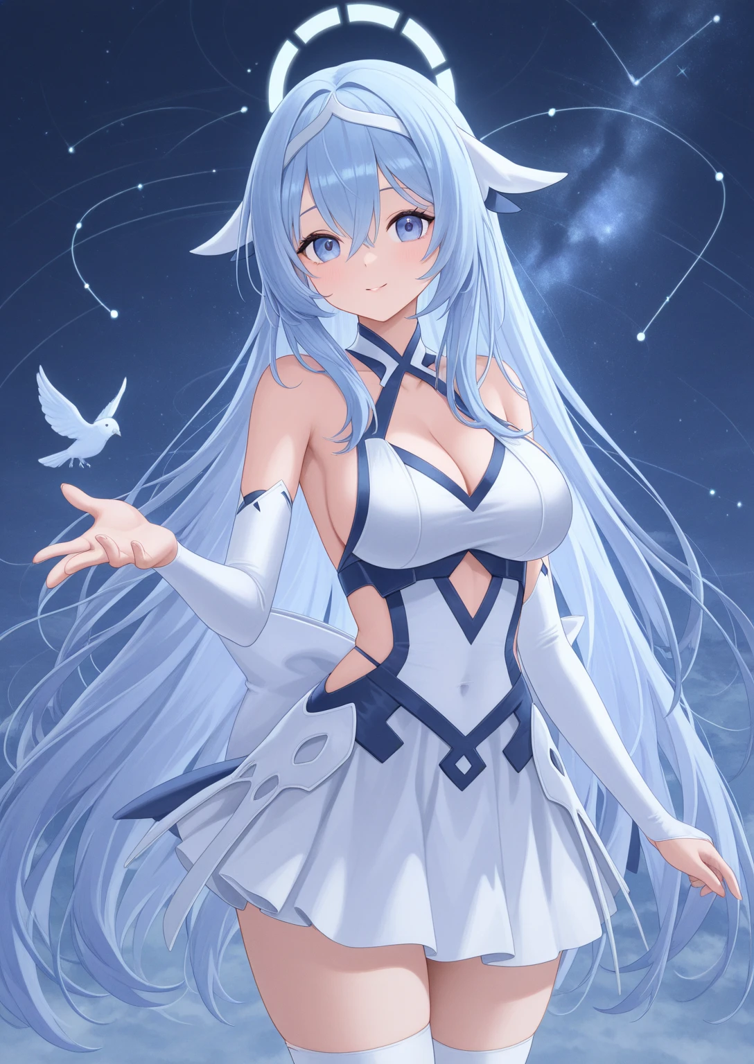good anatomy, (1girl), solo, light smile, fox ears, tatoo, blue wedding dress, blue lace choker, blue rose hair accessories, hair between eyes, ((streaked hair, silver long hair)), (large breasts)