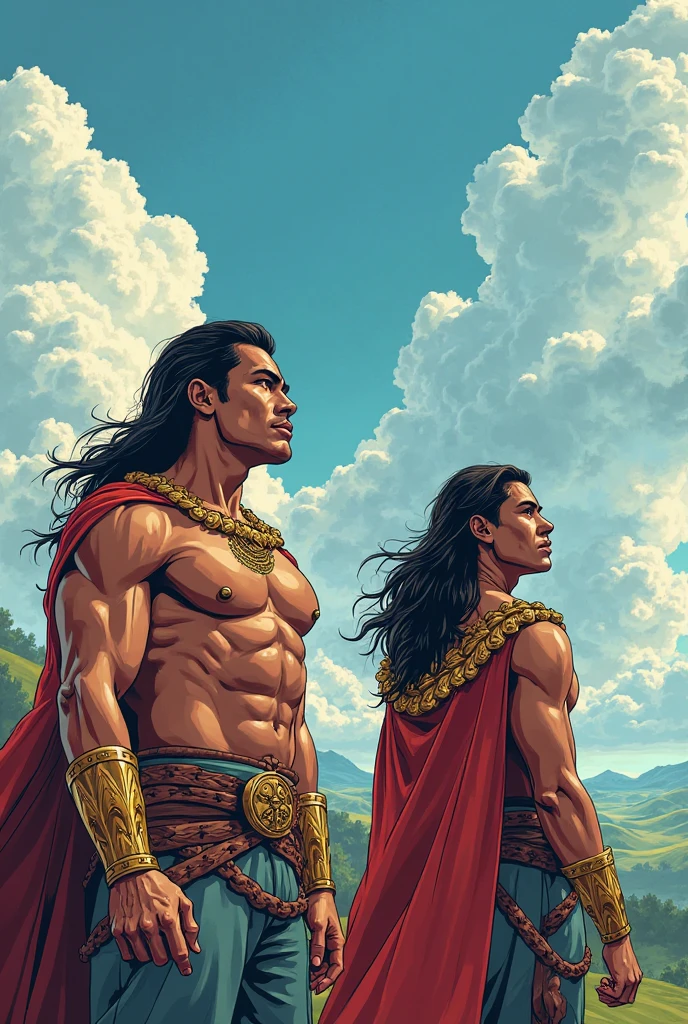(((2heads)));((best quality)), ((masterpiece)), (detailed), Conan the Barbarian stands imposing in an ancient lost city. Blonde, brunette, Chiseled perfect body, insanely handsome and masculine face. Sunlight highlights his muscles and scars. The scenery is lush and mysterious, with ruins and vegetation. The camera details everything.