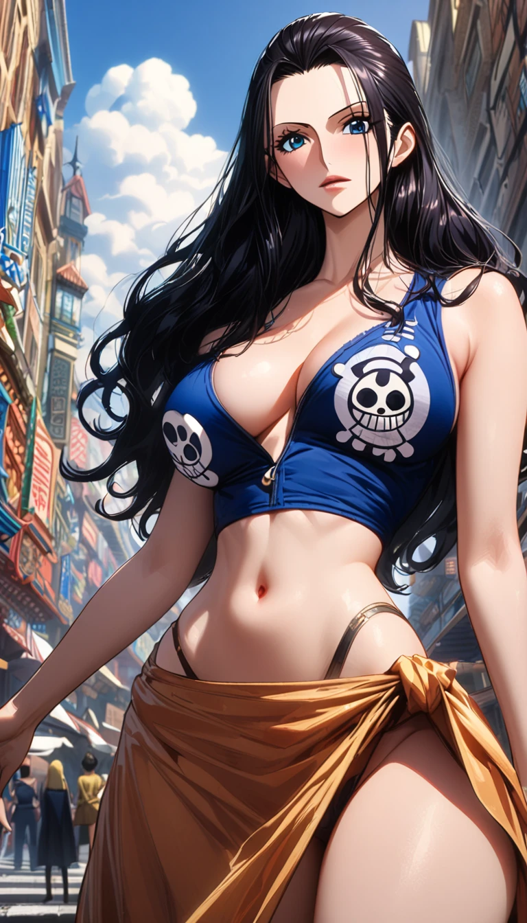 masterpiece, best quality, (extremely detailed CG unity 8k wallpaper, masterpiece, best quality, ultra-detailed, masterpiece, best quality, 1girl, solo, crop top, denim shorts, choker, (graffiti:1.5), paint splatter, arms behind back, against wall, looking at viewer, armband, thigh strap, paint on body, head tilt, bored, multicolored hair, aqua eyes, headset, Boa Hancock,