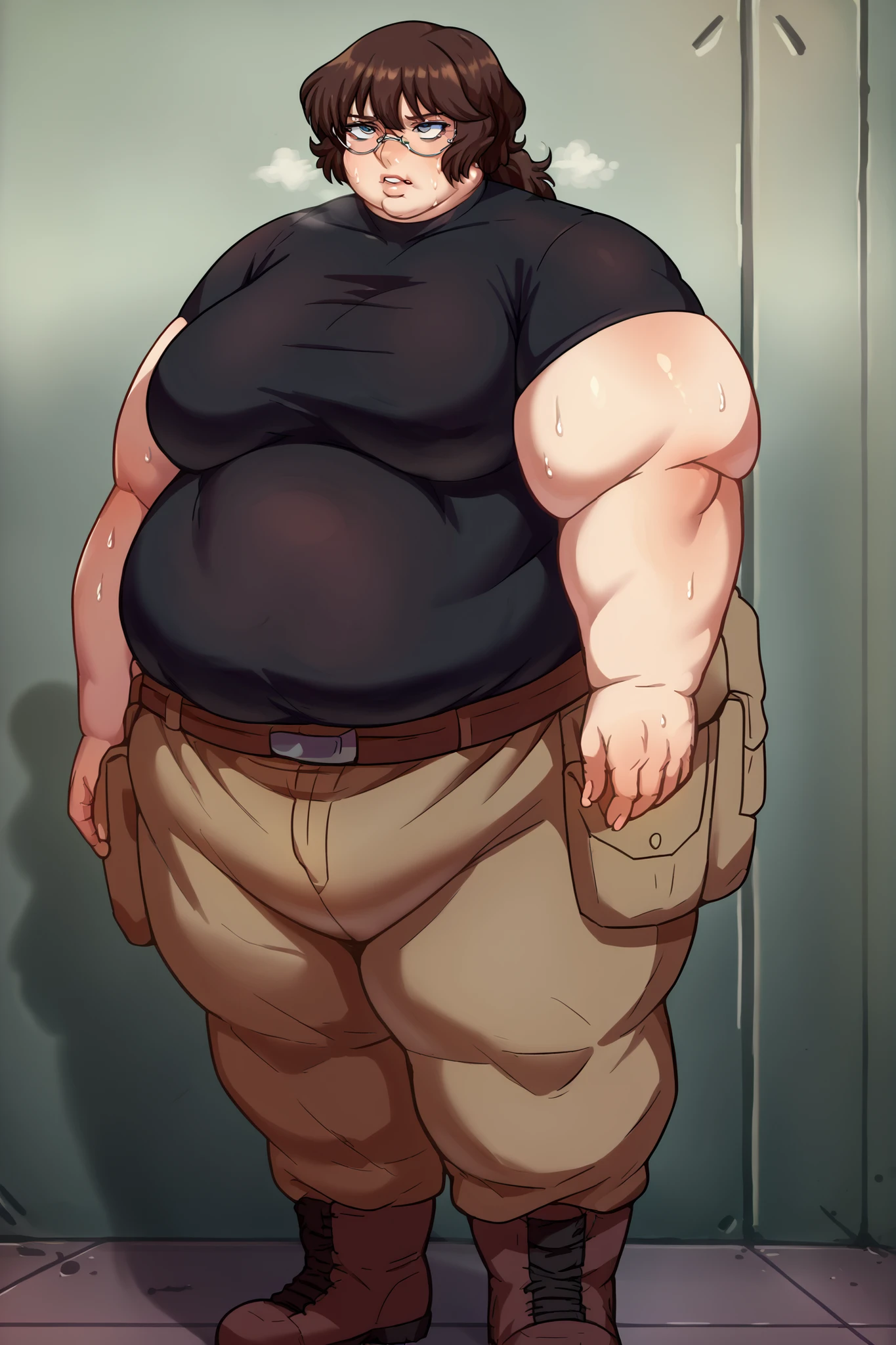 score_9, score_8_up, score_7_up, BREAK, (masterpiece, best quality, highres detail), 1girl, solo,(view front, turned a bit side),(high aesthetic, by tashoelle:0.35), Expressiveh, BREAK, <lora:IQ_Rainbow_Six_Siege_PONY_XL_by_UOC:1>, iq, iq \(Rainbow Six Siege\), beautiful face, head turned to viewer, looks at viewer, horny, beautiful eyes, blue eyes, BREAK, fingerless gloves, light-grey hoodie, long sleeves, jeans, (high-waist:1.3), holster , BREAK, (obese), (bottom heavy body),(inside, detailed background, kitchen), (standing , leg slightly apart), big belly, double belly,small breasts, huge ass, wide hips, thick thighs, fupa