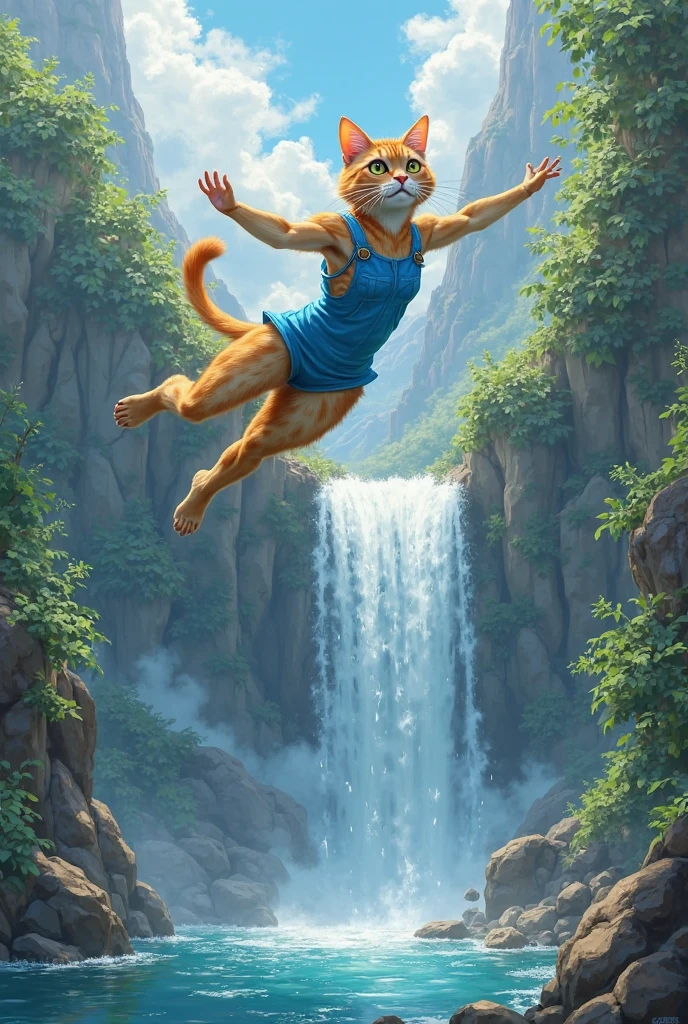 An ant eating pie and drinking sugarcane juice in front of a waterfall with yellow waters