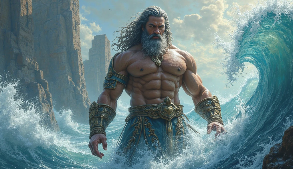 (extremely detailed CG unity 8k wallpaper, masterpiece, best quality, ultra-detailed), best lighting, best shadow (very strong, giant, muscular God Poseidon wearing battle armor), fierce, wild expression, wearing a blue thong, latex, coming out of the ocean, gushing water, volumetric lighting, big bulging crotch, full body visible, old warrior, 