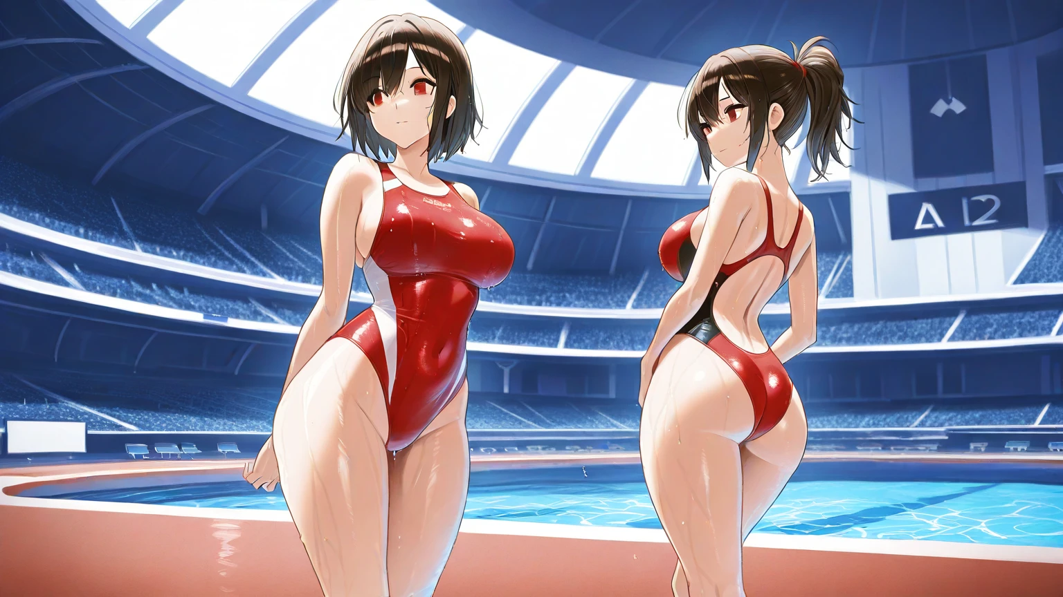masterpiece, best quality, very aesthetic, absurdres, 1girl, mature_lady, Beach Volleyball, swimming_suit, playing  Volleyball,spy_x_family, yor_briar, black_hair, red_eyes, sidelocks, jewelry, gold_earrings, gold_hairband,,on beach, sweat, floating water,sunshine,sky,cloud, outdoors, ,blur background,background defocus,floating hair,