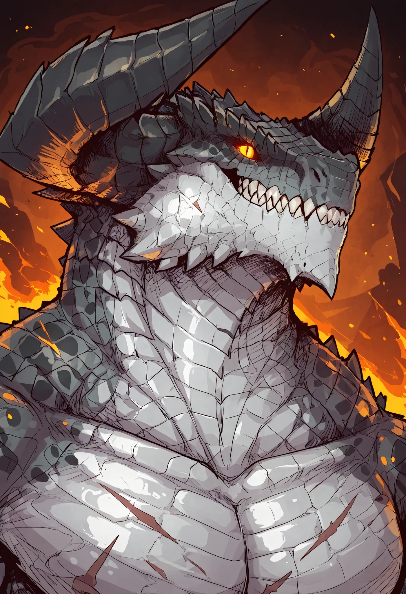 1male, solo, anthro, lizardfolk, anthro dragon lizard, solo, portrait, scaly, detailed scales, experienced predator, monstrous dragon, mercenary, grin, black scales, matte body, torso is well-defined and muscular, body robust and powerful, massive arms, detailed scales, scars on body and head, thick neck, powerful pose, massive horns, marked defined jaw, pike jaw, strong upper body, pecs, scaly, darkness, horror, best quality, 4k, ultra-detailed, full body
