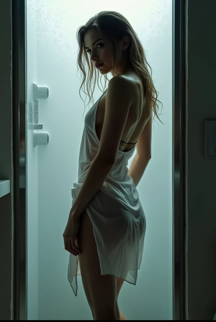 soaking wet Kaya Scodelario walking out of shower, wrap with a small white towel only, both hands on her head fixing hair-bun, no shoes, long legs, showing thighs, masterpiece, cinematic shading, cinmatic lighting, photo realistic, extremely detailed, photo realistic, RAW photo, high quality, highres, sharp focus, extremely detailed, cinematic lighting, 8k uhd
