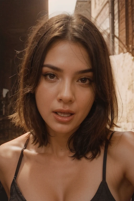 Chica japonesa  tiene el cabello corto y oscuro, peinado en un estilo suelto y ligeramente despeinado. Tiene la piel clara y un tono de maquillaje natural, con mejillas ligeramente sonrosadas. Sus cejas son espesas y bien definidas, y sus ojos son grandes y almendrados, de un color oscuro. Sus labios son de un tono rosado suave. Lleva puesta una camiseta negra de tirantes y dos collares delicados, uno de ellos con un colgante redondo tomandose una selfie en bikini atrevida 