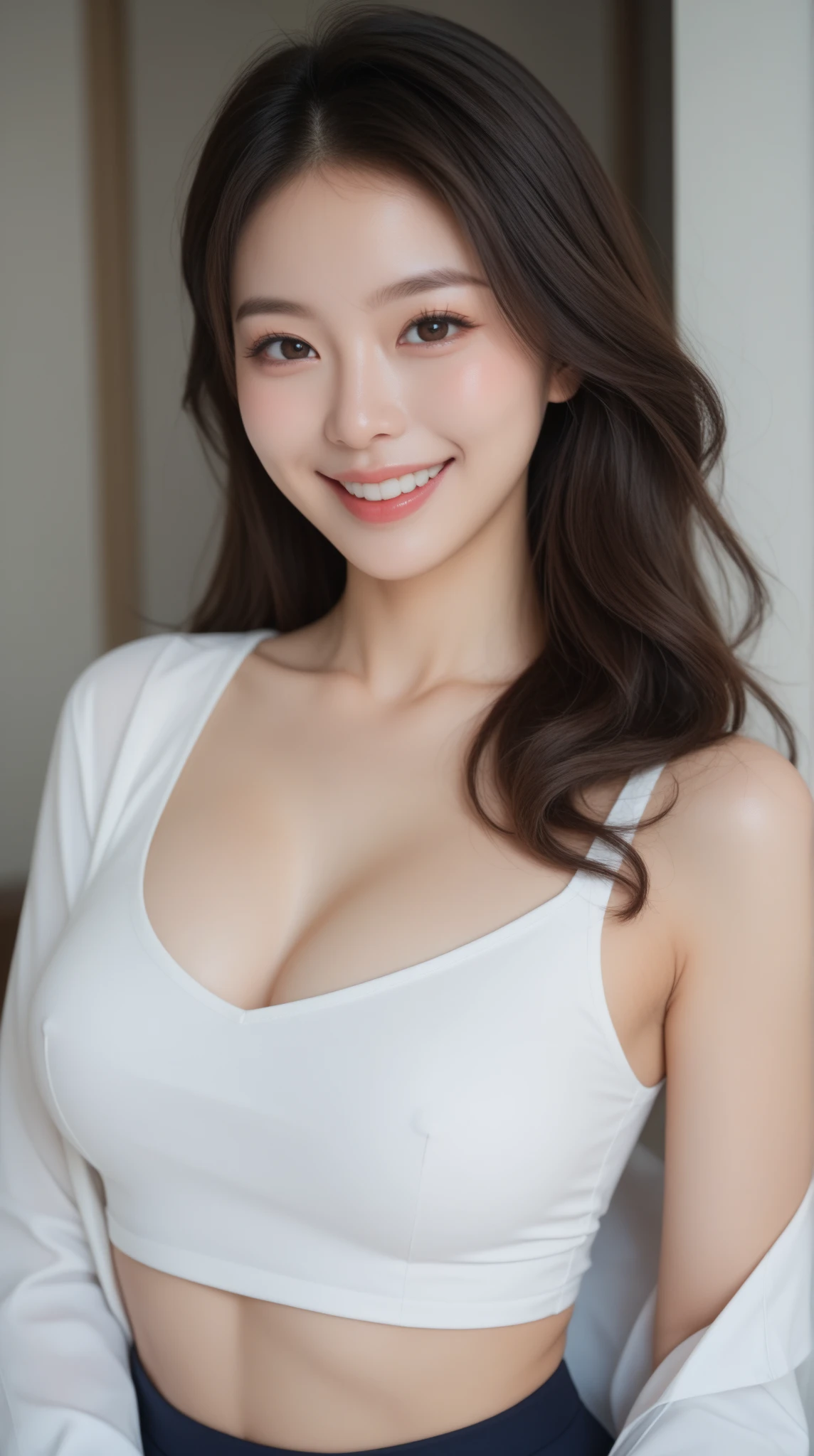 beautiful lady with see through clothes, medium breast, cleavages, detailed eyes, detailed facial features, pose like a model, sexy smile, vibrant , soft lighting, indoor background