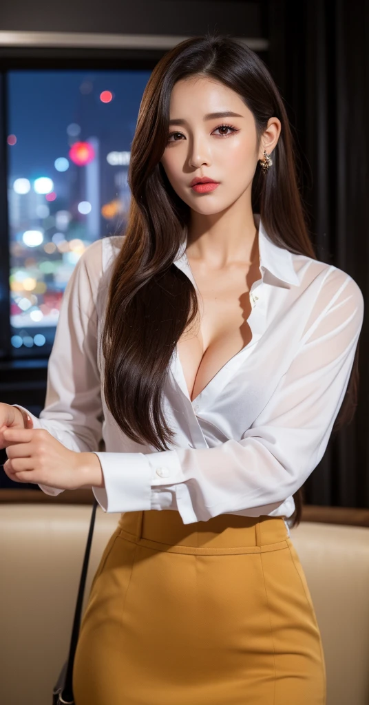 (8K、nffsw、Hi-Res)、((((a picture、Raw photography、Hyper-Realism、​masterpiece、top-quality、超A high resolution))))、(Pin Light、Back lighting、Back lighting、ciinematic light)、foco nítido:1。4、(Hyper-detailing、finedetail)、cowboy  shot、 1girl in、Egg-shaped face、Big, Beautiful eyes like a cat、small and slightly plump lips,,,,,、thick eyebrow、long and beautiful eyelashes。Transparent throughout makeup、There  a pink touch and sparkling lip gloss on the cheeks。Hairstyle  dark brown medium hair with wavy waves。Random and sexy poses,Random situations、large full breasts、cleavage of the breast、A smile、bokeh feeling、25-years old、(Drooping eyes 1.5)、 beauty、natural、japanes、(((Wearing a white shirt and black miniskirt)))、Small piercings、((Sit on the sofa in the president's office:1.3)), (In an office in a high-rise building:1.3),  ((Focus on Face:1.2)), (Cowboy Shot:1.2),