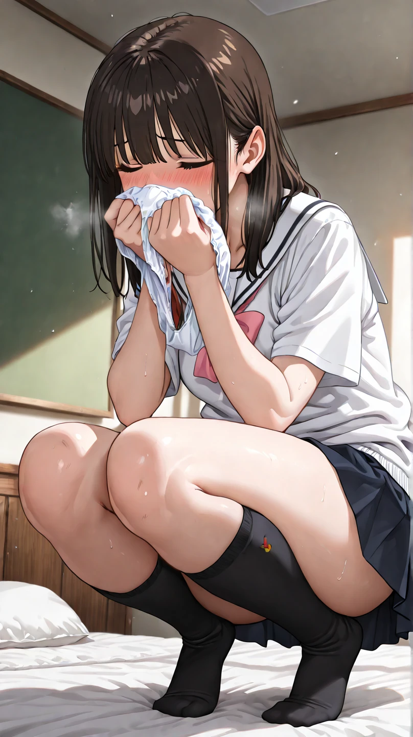 nsfw,,fellatio, girl kneeling on floor,sucking a penis hardly,(tanned skin,tanned female:1.2), (black hair),short hair,bukkake on face,,white dress shirt,cream school cardigan,pleated checked skirt,at public restroom,look up,(blushed:1.2),trembling,adult curvy body,from side,bukkake on face,dirty floor,desperate and crying,excessive cum