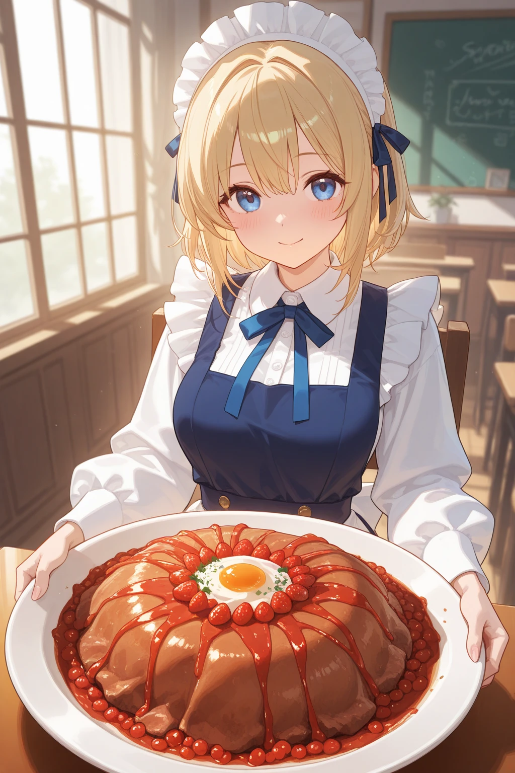 Eat omurice at a restaurant (Original uniform black), (Girl), (blonde:1.5）(eyelash:1.2) (Short Bob Hair:1.4), (blue eyes)(Big Breasts:1.3)
