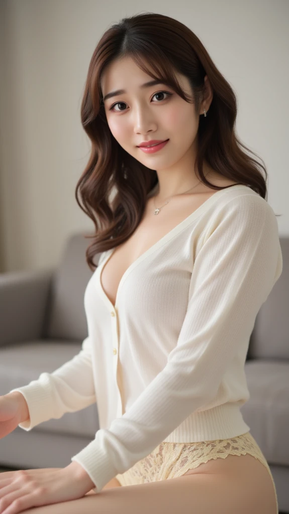 Mature attractive sexy woman,50 years old, (Revealing panties:1.１),((sexy transparent clothe)),Shut,Small reasts,(Facial wrinkles:1.3),light makeup,Light brown hair,Long Hair,(Sitting:1.2),(From head to thighs),8k, RAW Photos, highest quality,masterpiece,highest quality、A gentle smile、A gaze that seduces viewers、Random hairstyle、