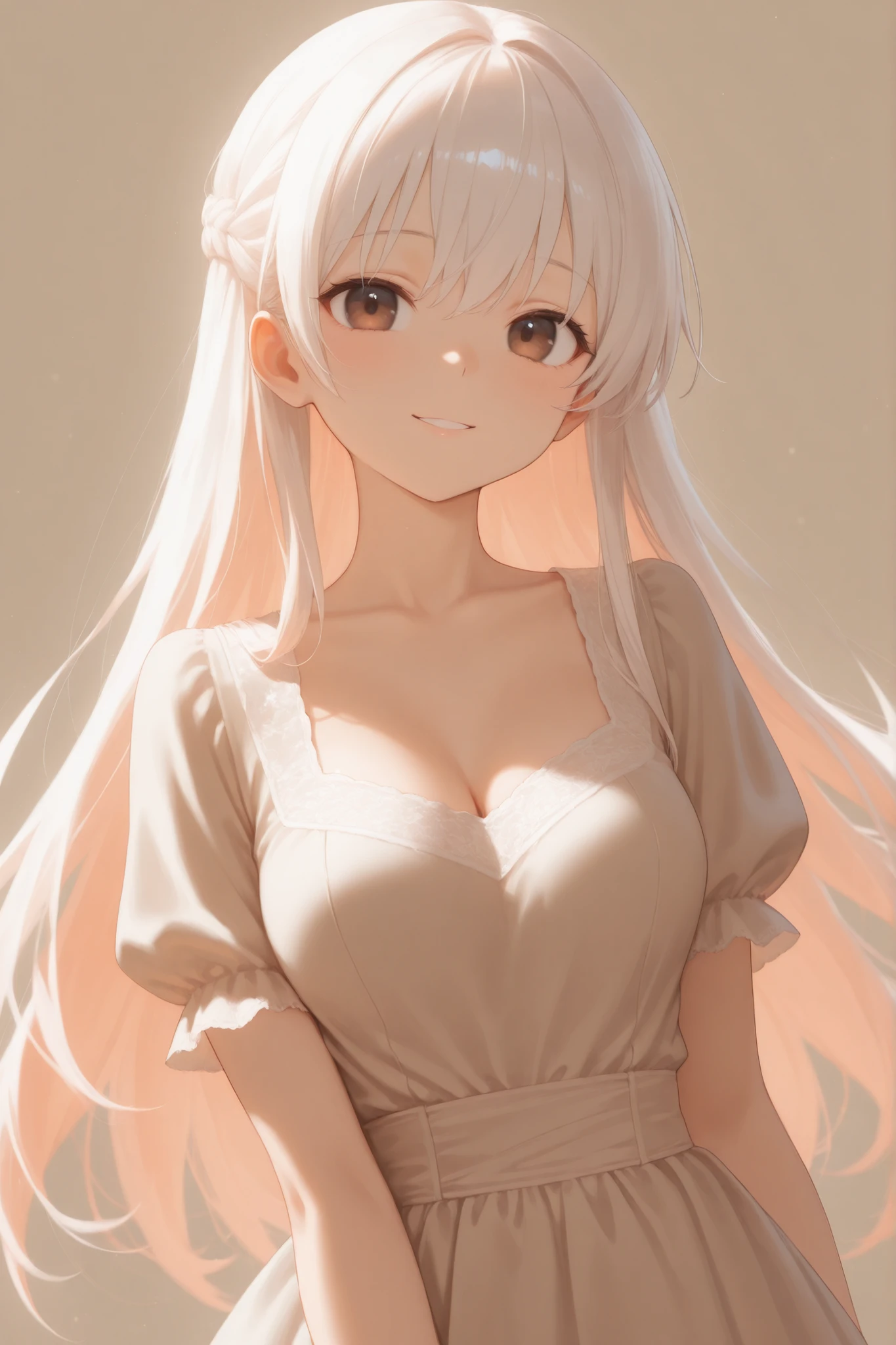 masterpiece, good resolution, HD Quality, newest. good anatomy. Good Lighting, safe. beautiful, anime, Japanese girl, delicate features. Long White Hair, Pastel Orange Hair Straps, Hairstyle. Dark Brown Eyes, happy. piel clara, Soft and smooth. Medium Breasts Size D, slim build. He is 20 years old, She is 1'61 cm. wearing clothes:simple Victorian dress. Alone, looking at the spectator, Beige background.